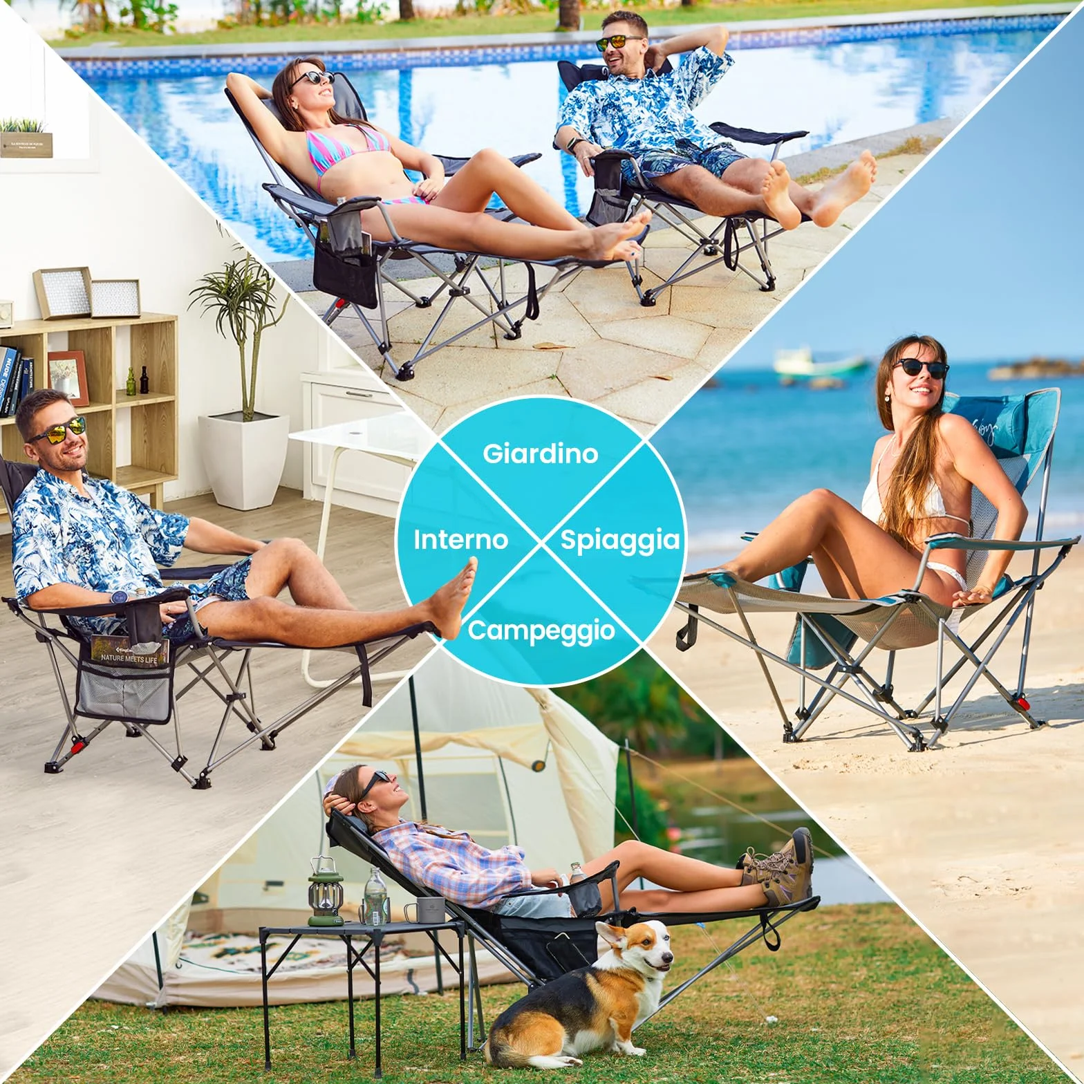 #WEJOY Sedia da campeggio pieghevole 2 in 1, 180 kg, con poggiapiedi, sedia da spiaggia con schienale regolabile in 4 posizioni, sedia a sdraio, sedia a sdraio con supporto per bevande, sedia da