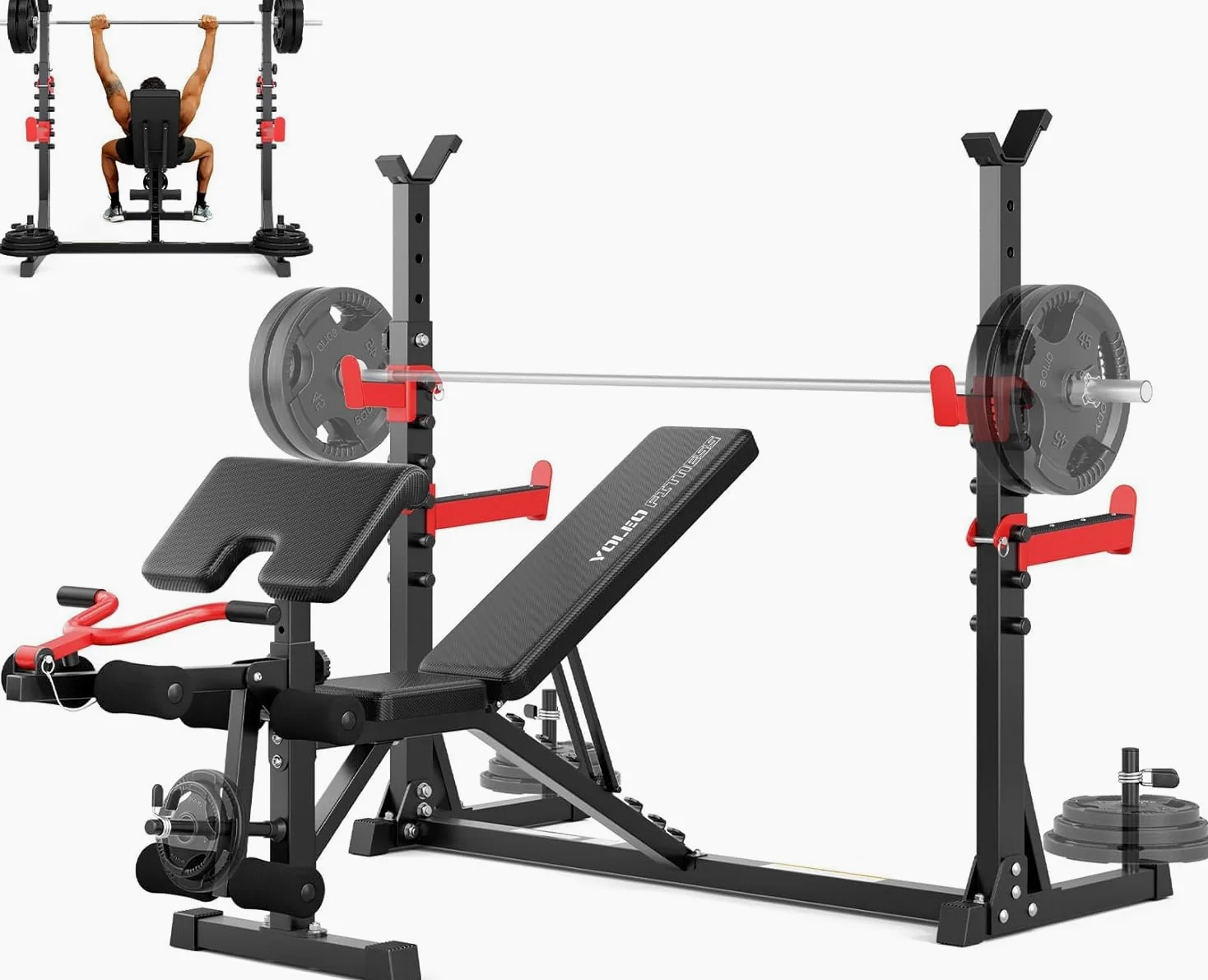 Multifunzione Palestra Casa con Rack Palestra, Panca Piana Bilanciere, Panca Addominali con leg extension leg curl - arm curl - porta