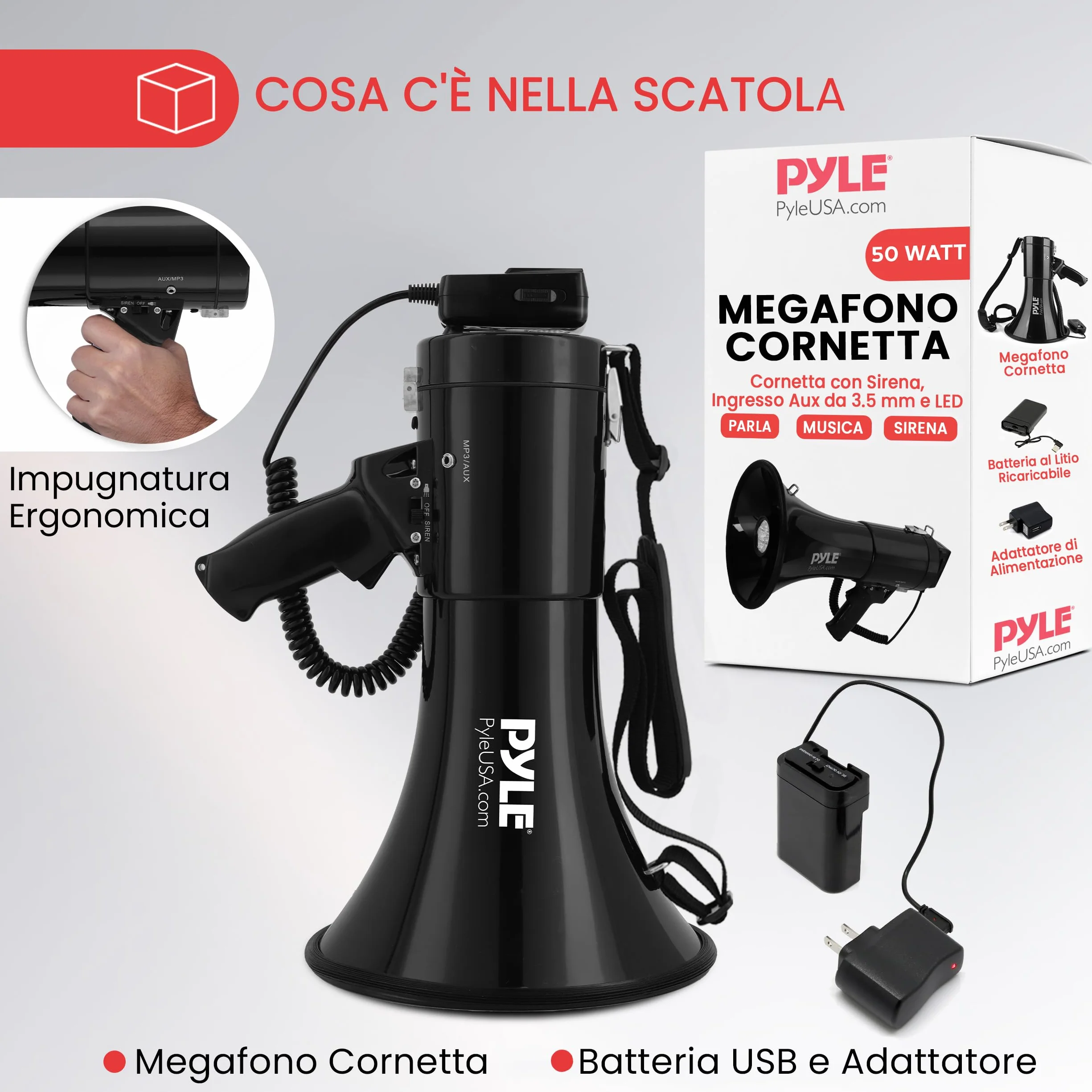 Pyle Megafono 50 Watt Portatile con Microfono, Sirena Allarme e Volume Regolabile
