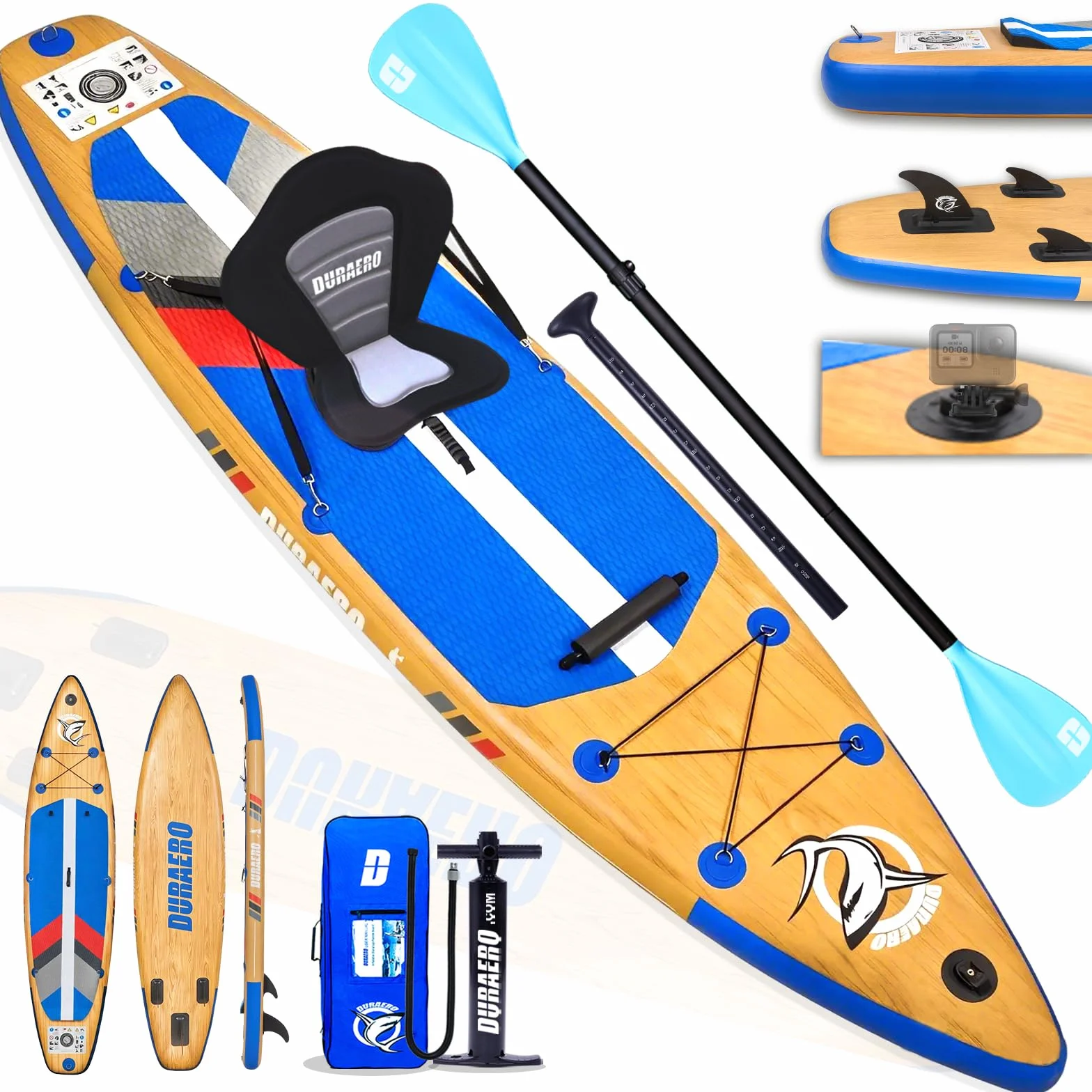 DURAERO Tavola SUP gonfiabile XXL 330cm, stand up paddle con sedile kayak e poggiapiedi, pagaia doppia, supporto fotocamera, accessori completi, portata 150 kg, effetto legno