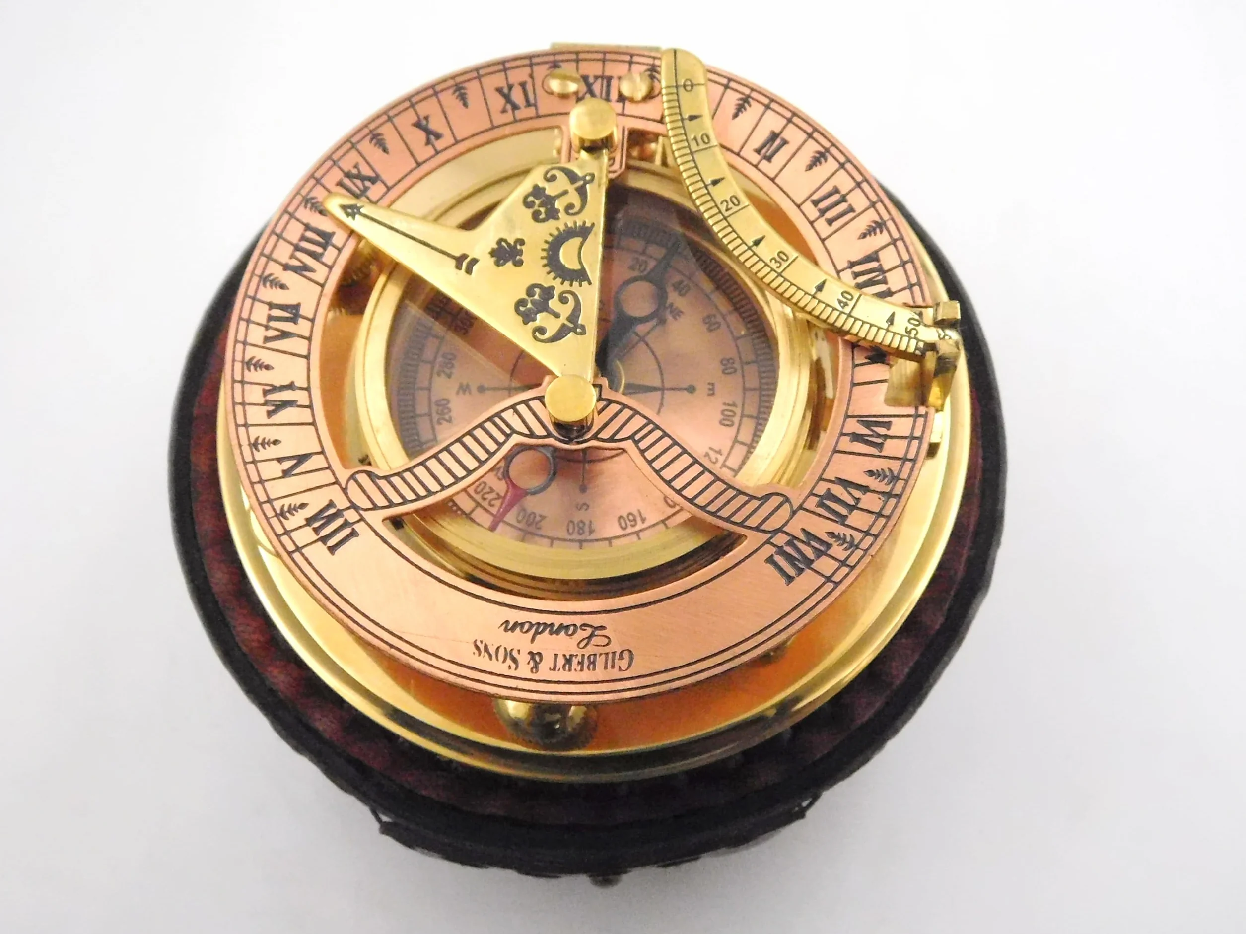 Antique Brass Sundial Compass with Leather Case