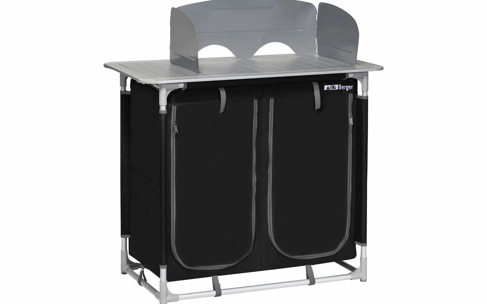 Berger Cucina da Campeggio Premium I Pieghevole Mobile Esterno Alluminio 4 Scomparti Frangivento Piedi Regolabili Nero Grigio