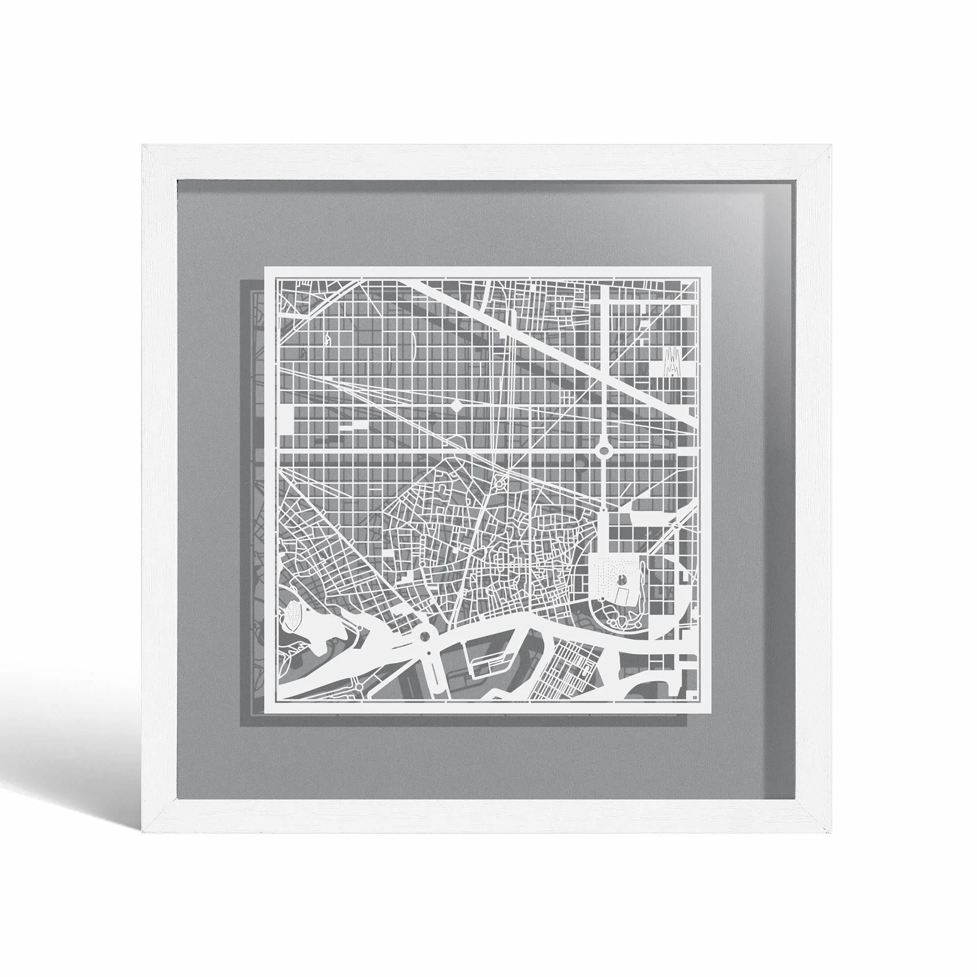 Mappa tagliata Barcellona incorniciata bianca 22,9 x 22,9 cm opera d'arte taglio carta scatola regalo 4 colori sfondo