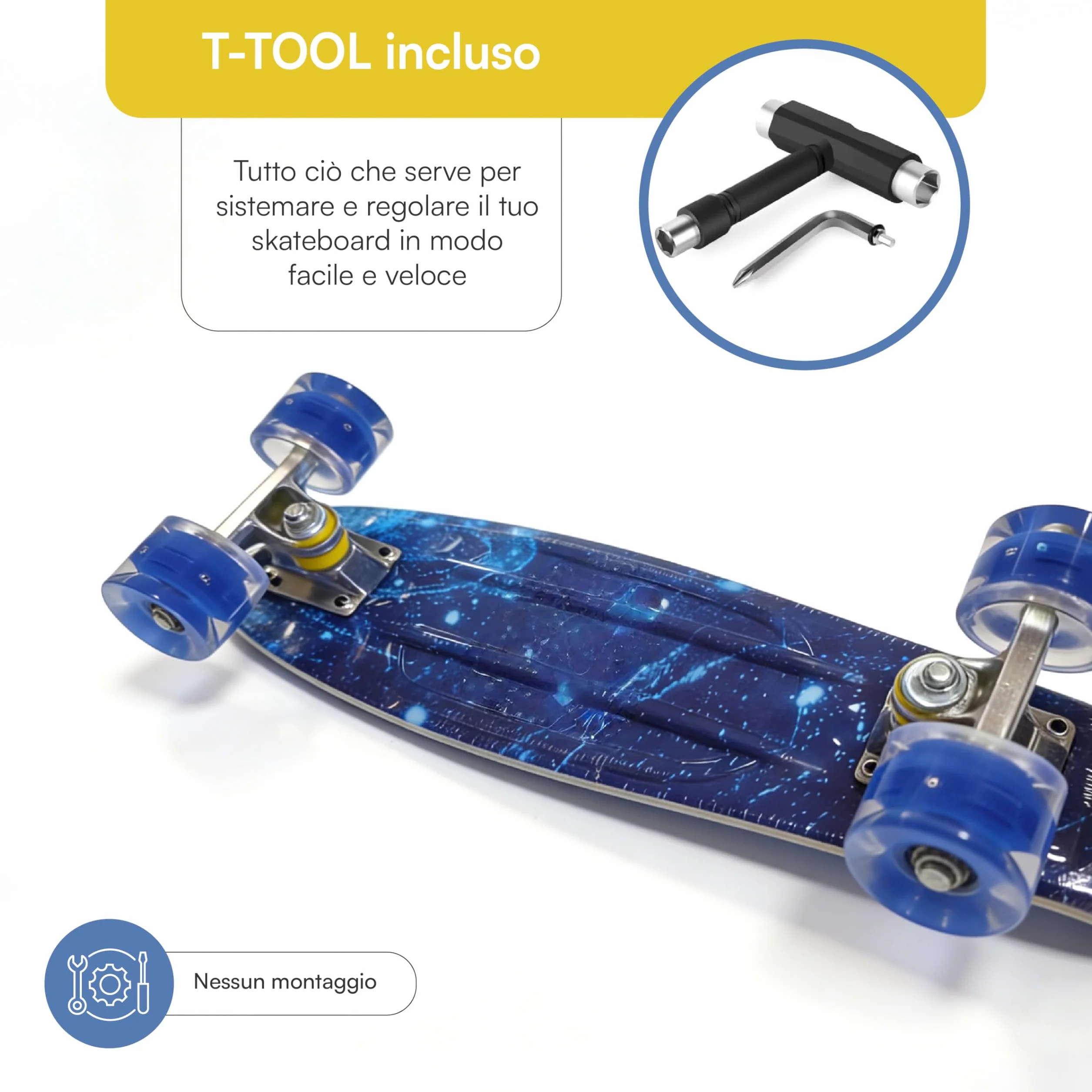 Baroni Toys Skateboard per Bambini dai 3 Anni, Skate Completo con Ruote LED Luminose Senza Batterie, Strumento T-Tool per Regolazione Intergato, 56x14,5x12 cm
