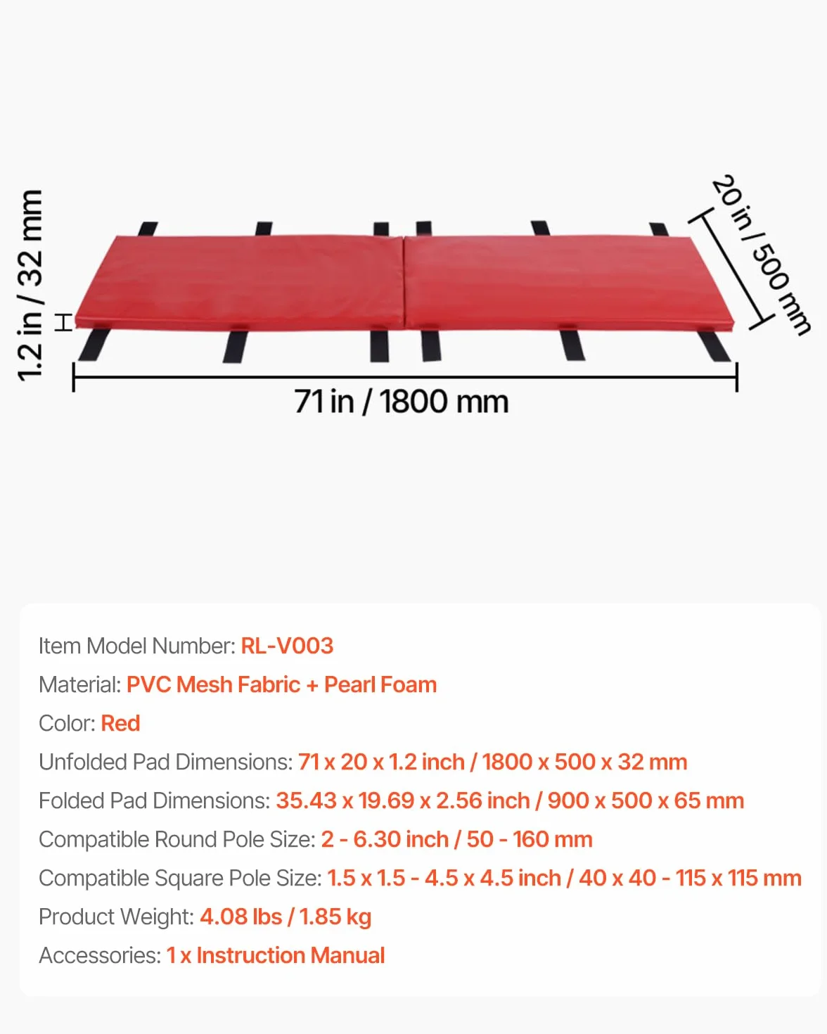VEVOR Imbottitura Palo Basket 180 cm Quadrate 40x40-115x115 mm Tonde 50-160 mm Rosso