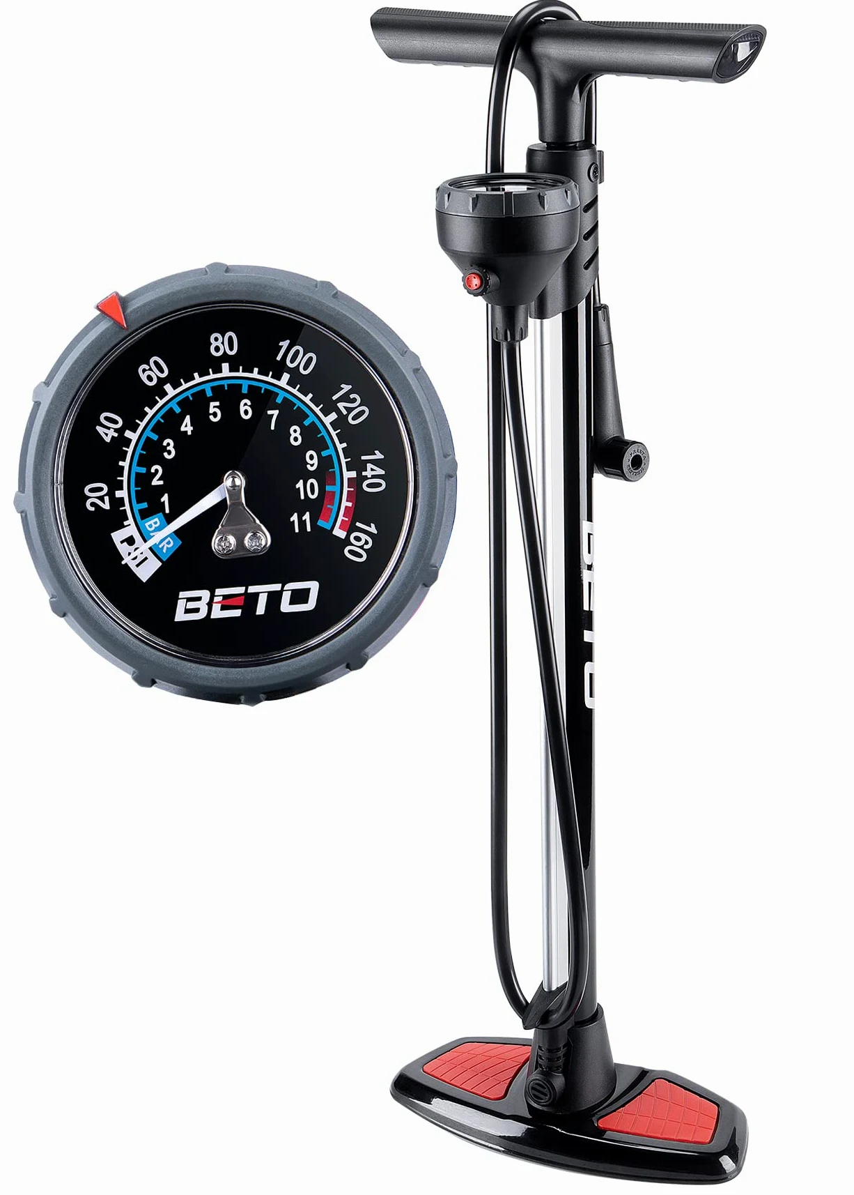 Beto Pompa portatile per bicicletta, pompa da pavimento per bicicletta, con manometro industriale montato sulla parte superiore e pulsante di sfiato dell'aria, valvola Presta Schrader Dunlop