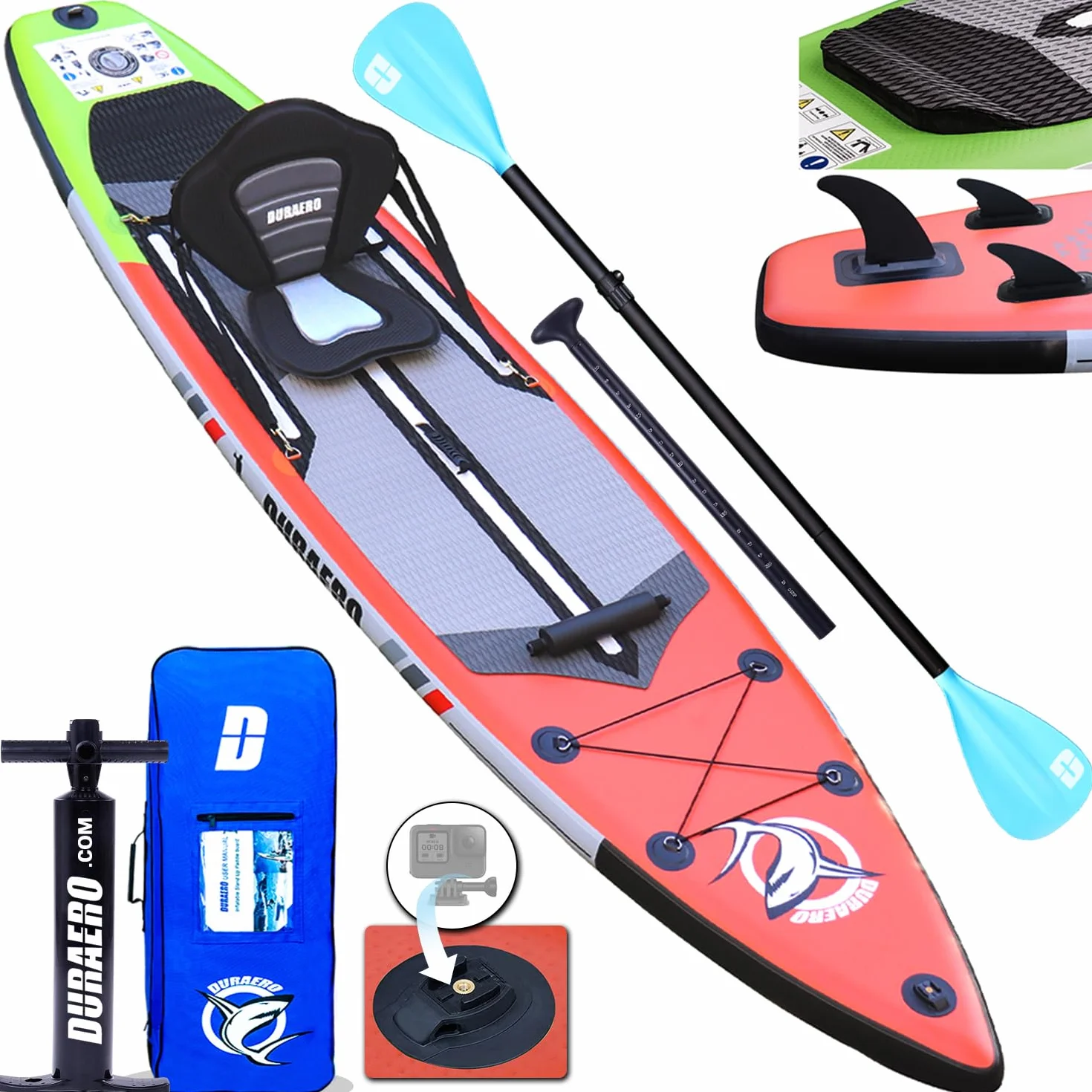 Tavola gonfiabile da Stand Up Paddle, seduta kayak, 330 x 76 x 15 cm, portata fino a 150 kg, supporto per cam, pad integrato 3 pinne, doppia pagaia regolabile, accessori completi (Rosso)