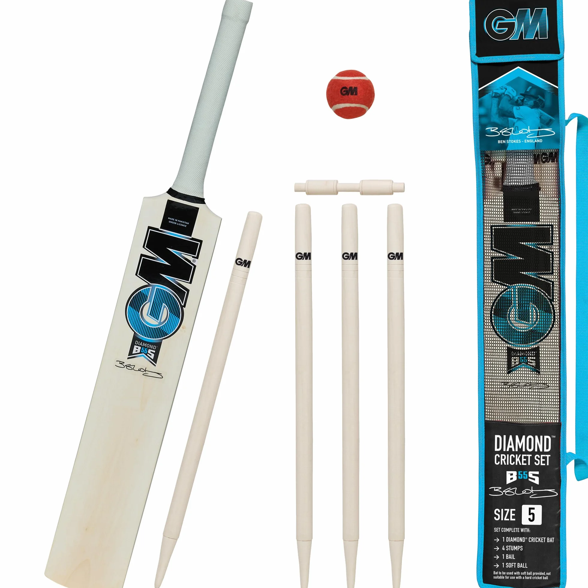 Ben Stokes Diamond Endorsed Wooden Cricket Set Mazza Diamantata Palla Tennis Rossa Morbida Paletti Borsa Trasporto Misura 5