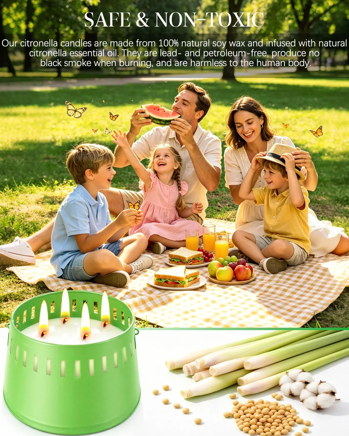 Grande Candela Citronella 4 Stoppini 80 Ore 100% Naturale per Esterno Giardino Campeggio
