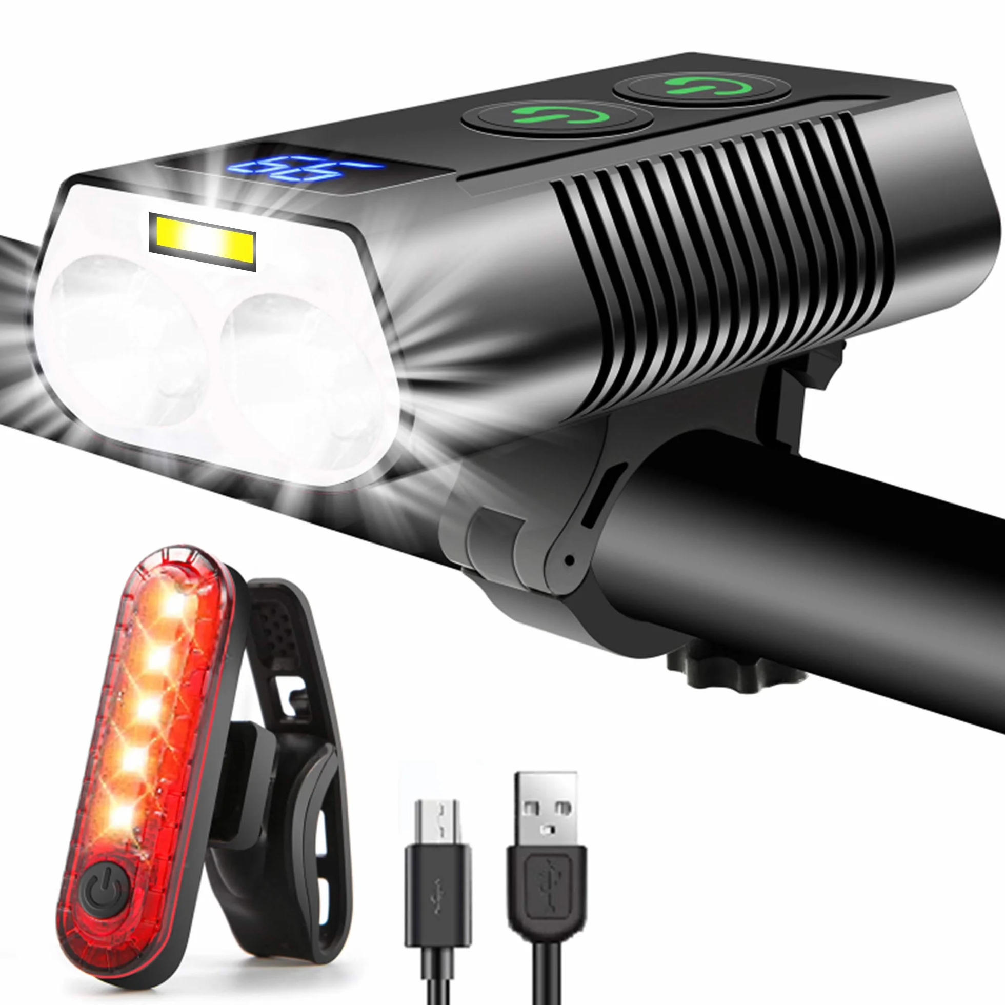 Luci Bicicletta LED 3300 Lumens 5000mAh Ricaricabili con Display LCD Fendinebbia Anteriore e Posteriore