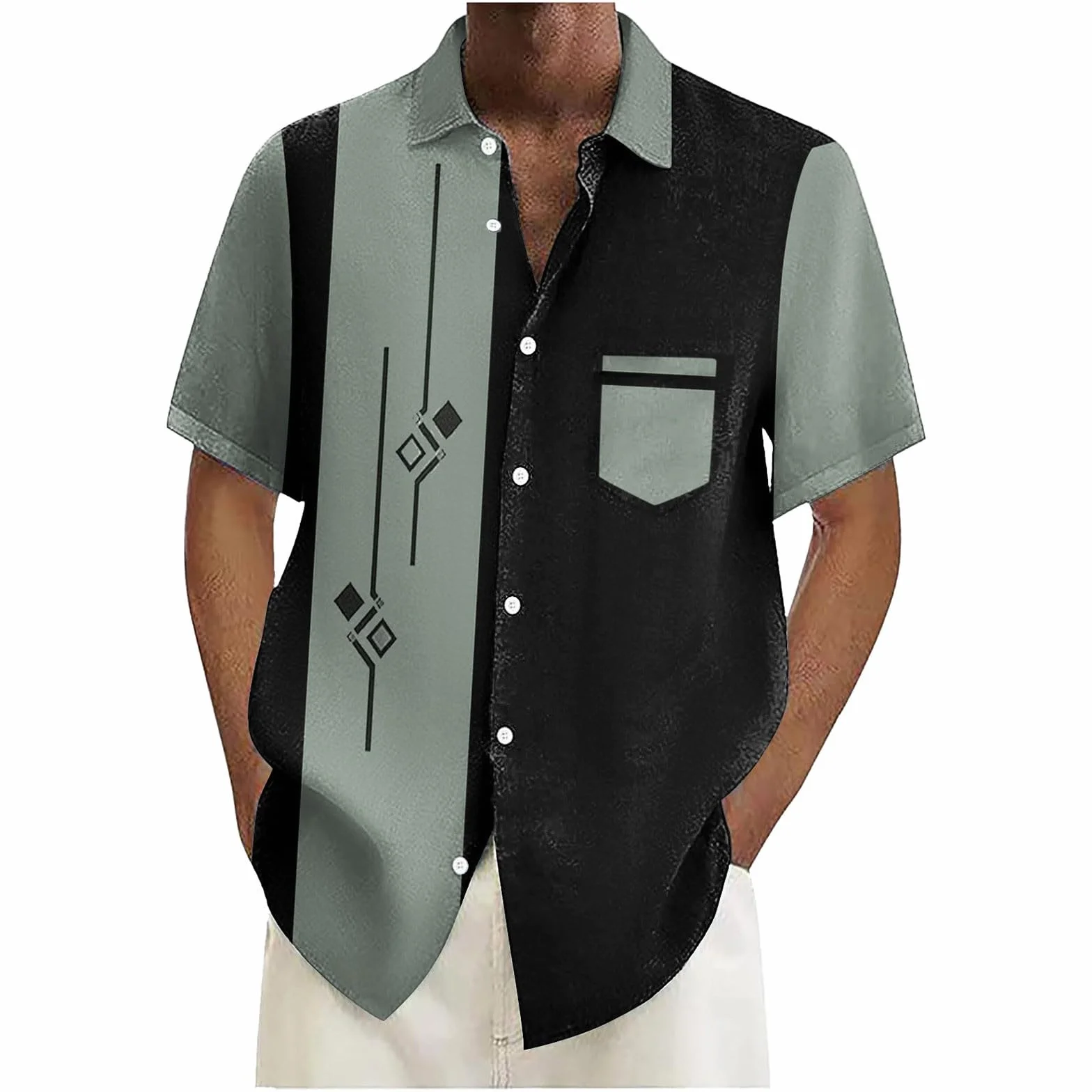 Camicia vintage uomo maniche corte anni '50 casual contrasto bottoni estiva cubana hawaiana bowling