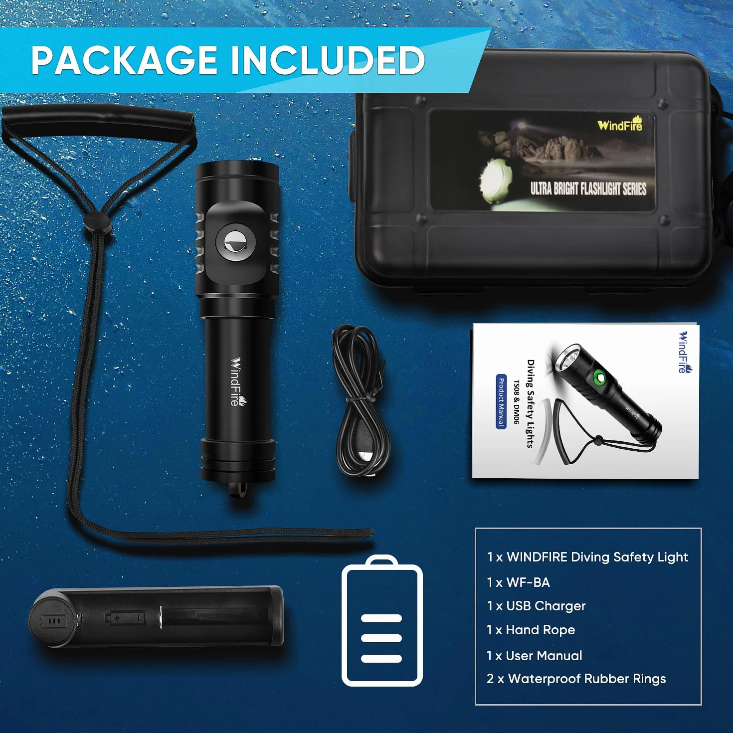 WINDFIRE Torcia Subacquea 6000 Lumen Impermeabile IPX8 con 3 Modalità