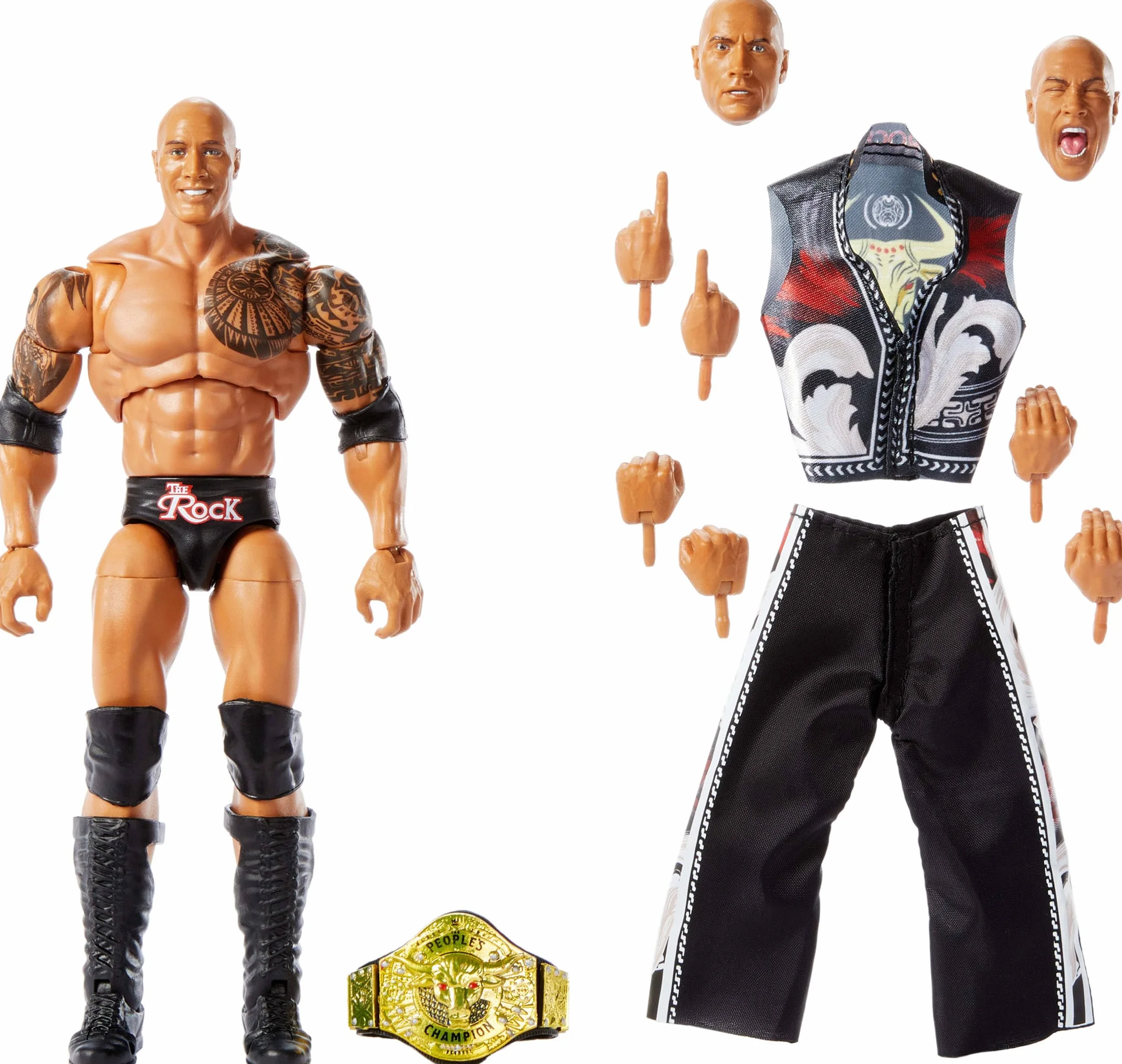 Mattel WWE Ultimate Edition Action Figure The Rock Collectible Set, 15,2 cm, Teste e mani intercambiabili, 30 punti di articolazione