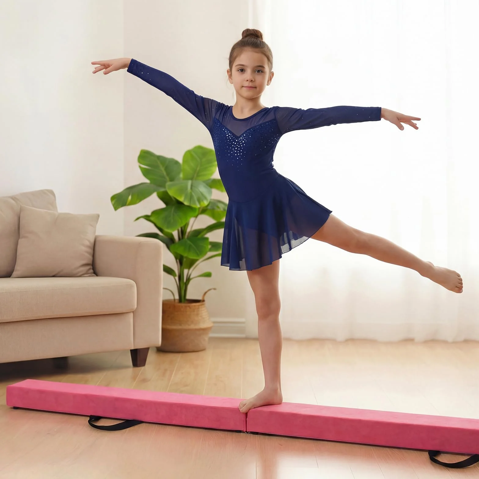 COSTWAY Trave Ginnastica Artistica Pieghevole per Bambini 210-270 cm, Base in Legno Antiscivolo