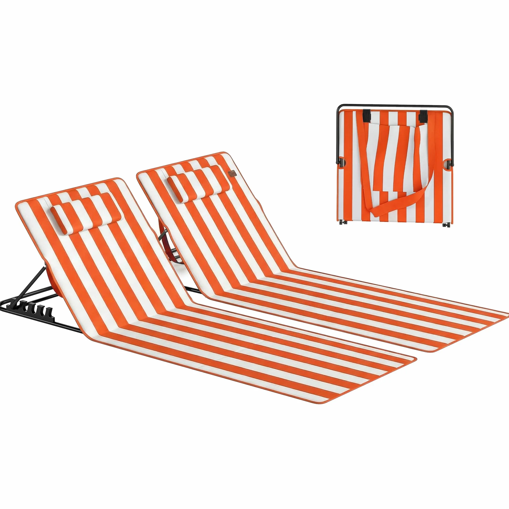 Outsunny Lettini da Spiaggia Pieghevoli Set 2, Schienale Regolabile 4 Livelli, Poggiatesta, Tasca Laterale, Arancione Bianco