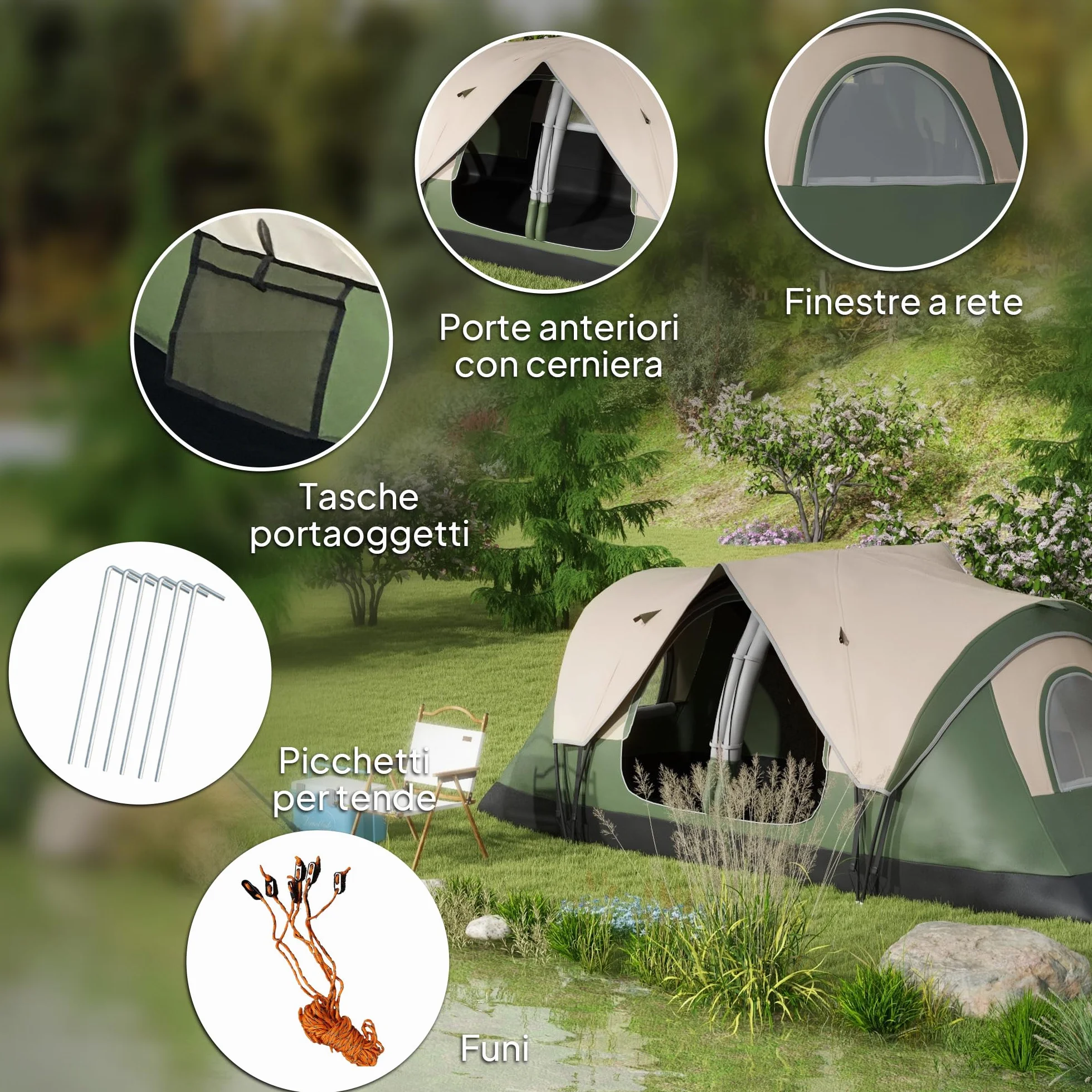 Outsunny Tenda da Campeggio 6-8 Posti 2 Stanze Separate Tunnel Protezione PU2000mm 450x215x180 cm