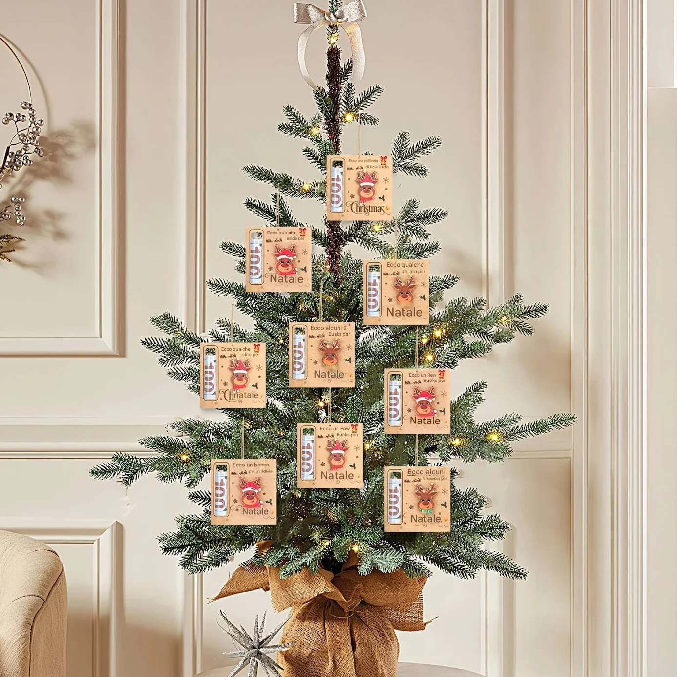 Portasoldi Natalizi in Legno 3 Pezzi Ornamenti Decorativi a Clip per Denaro per Albero di Natale