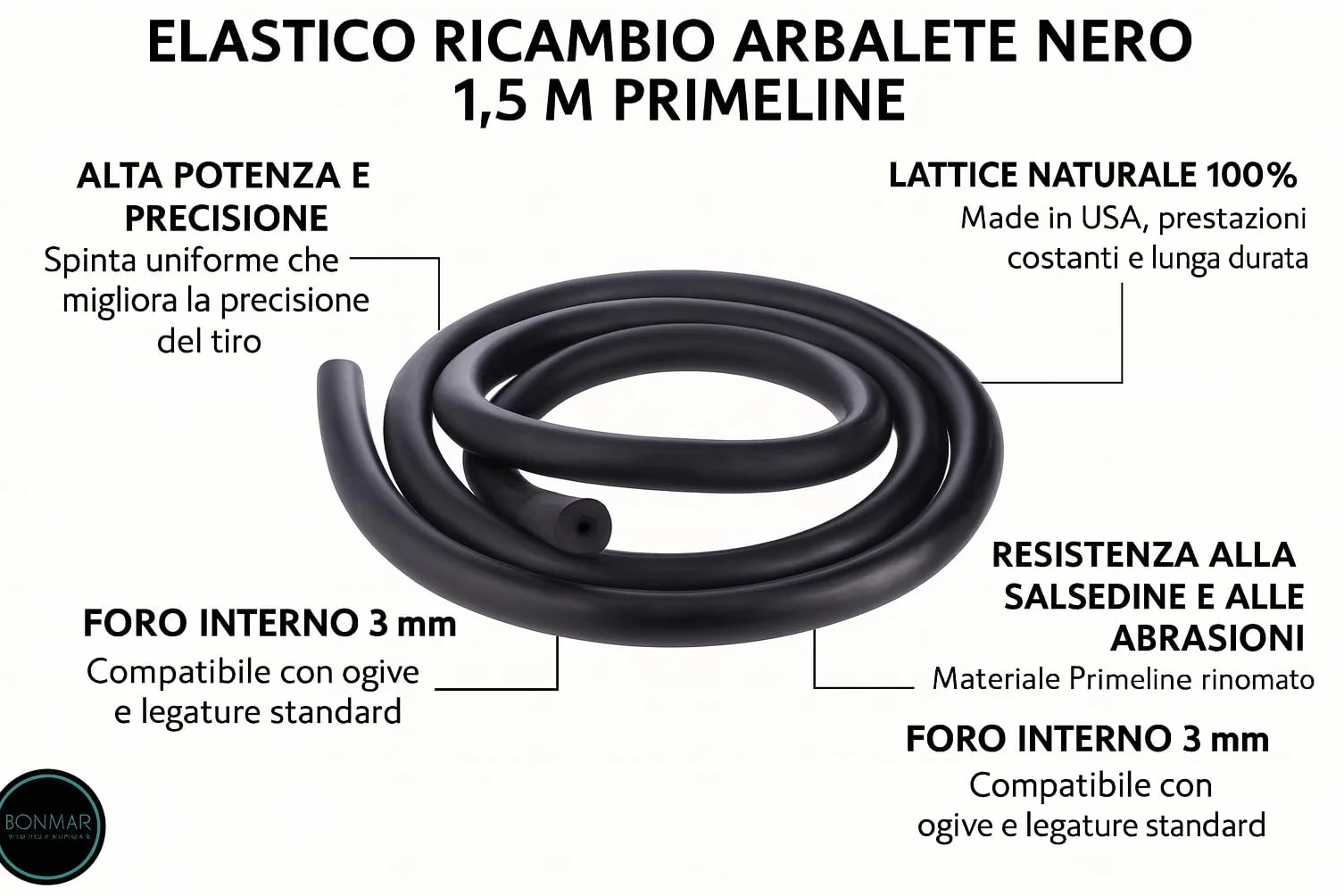 Elastico Ricambio Arbalete Nero Ø 16.0 mm x 1.5 mt Primeline Alta Potenza Resistenza alla Salsedine per Fucili Sub e Roller