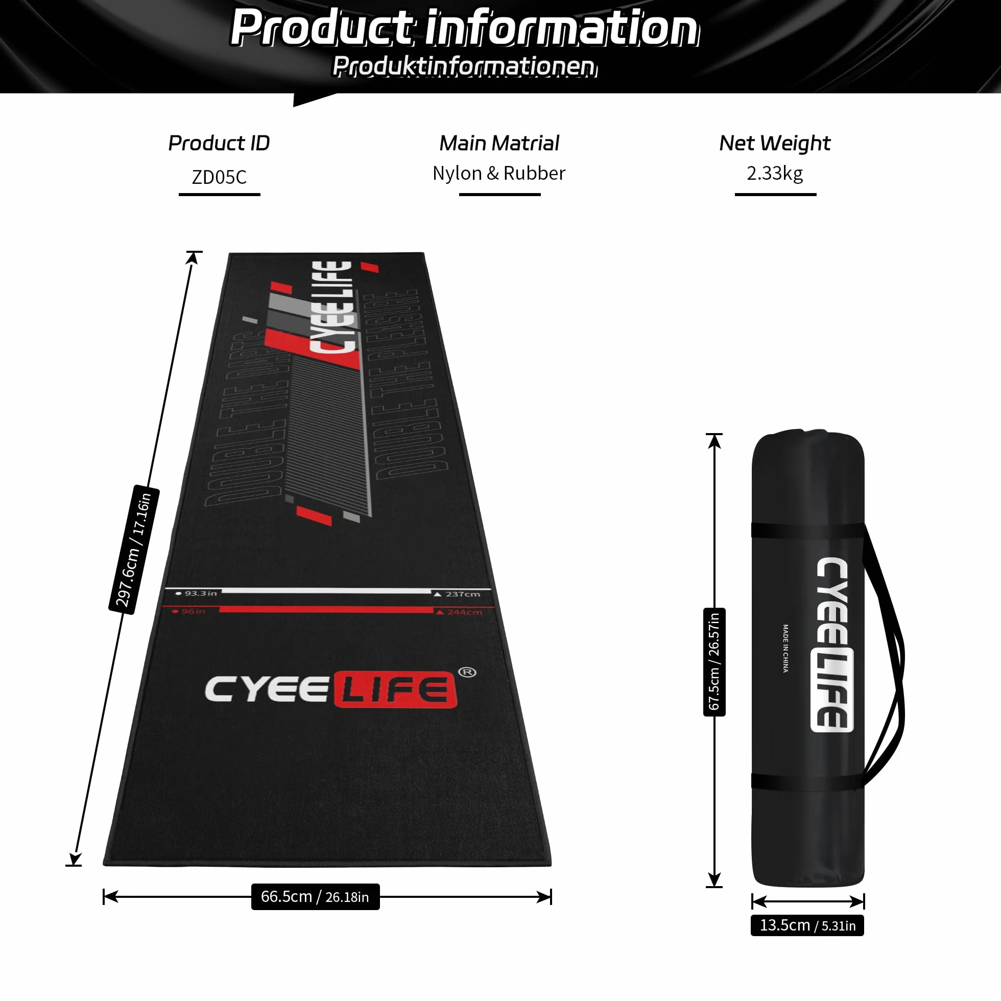 Tappetino per freccette CyeeLife 297 x 66 cm antiscivolo nero