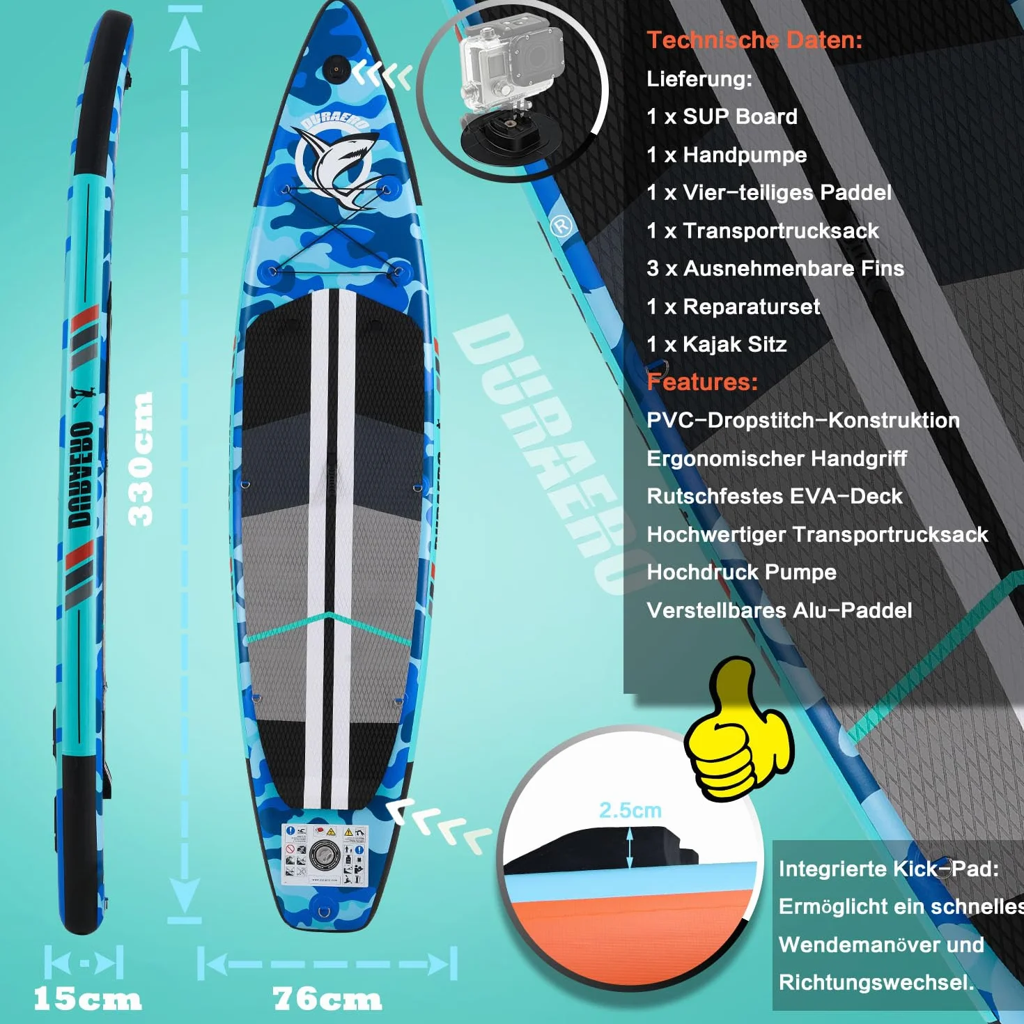 Stand up paddle gonfiabile, sedile per kayak e supporto per fotocamera, pagaia 2 in 1, 330 x 76 x 15 cm, fino a 150 kg, pompa con cinghia da piede, zaino