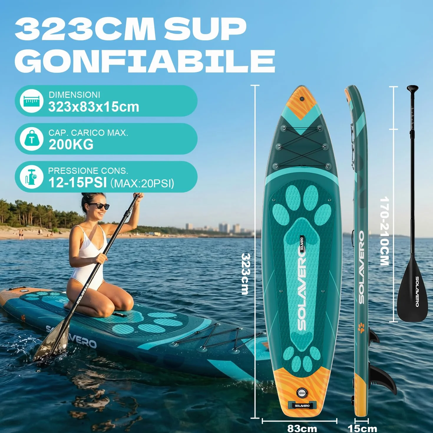 SOLAVERO Tavola da Sup Gonfiabile 323x83x15 cm Antiscivolo EVA Pagaia Regolabile 3 Pinne Fino a 200kg