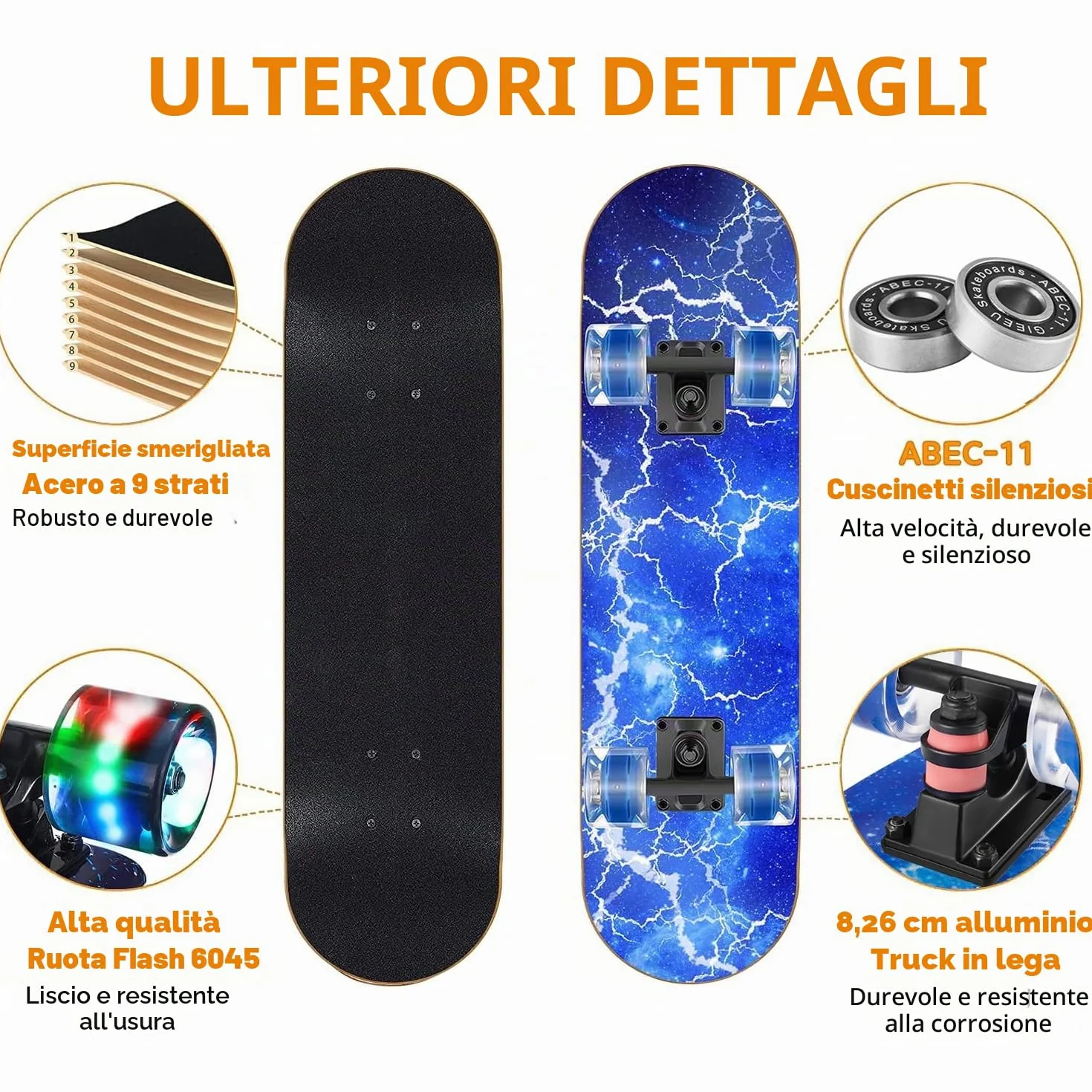 Skateboard con ruote colorate lampeggianti per principianti, bambini, adolescenti e adulti, skateboard standard in acero a 9 strati
