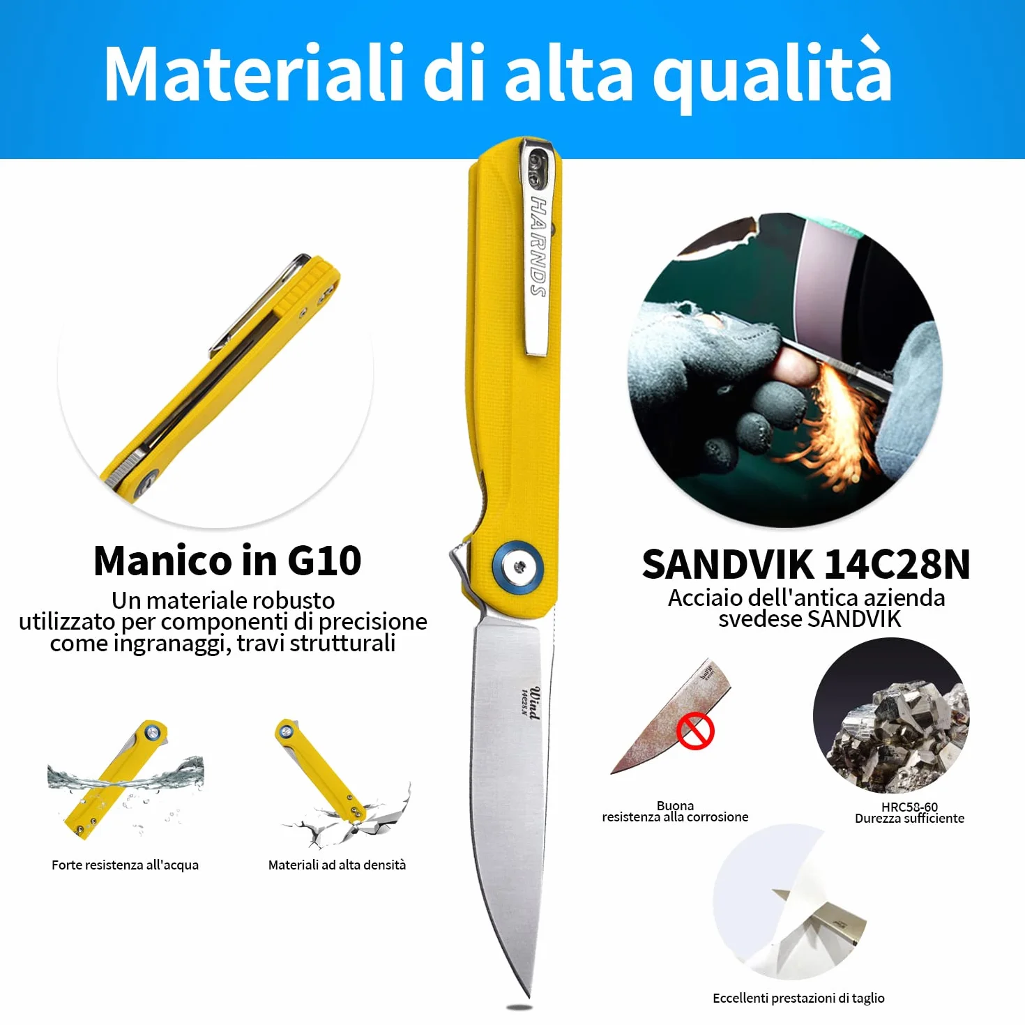HARNDS Wind Coltello Pieghevole Tascabile Lama in Acciaio Sandvik con Manico G10, Coltello Serramanico Integrato Cuscinetto a Sfere per Caccia, Campeggio, Sopravvivenza(Giallo)
