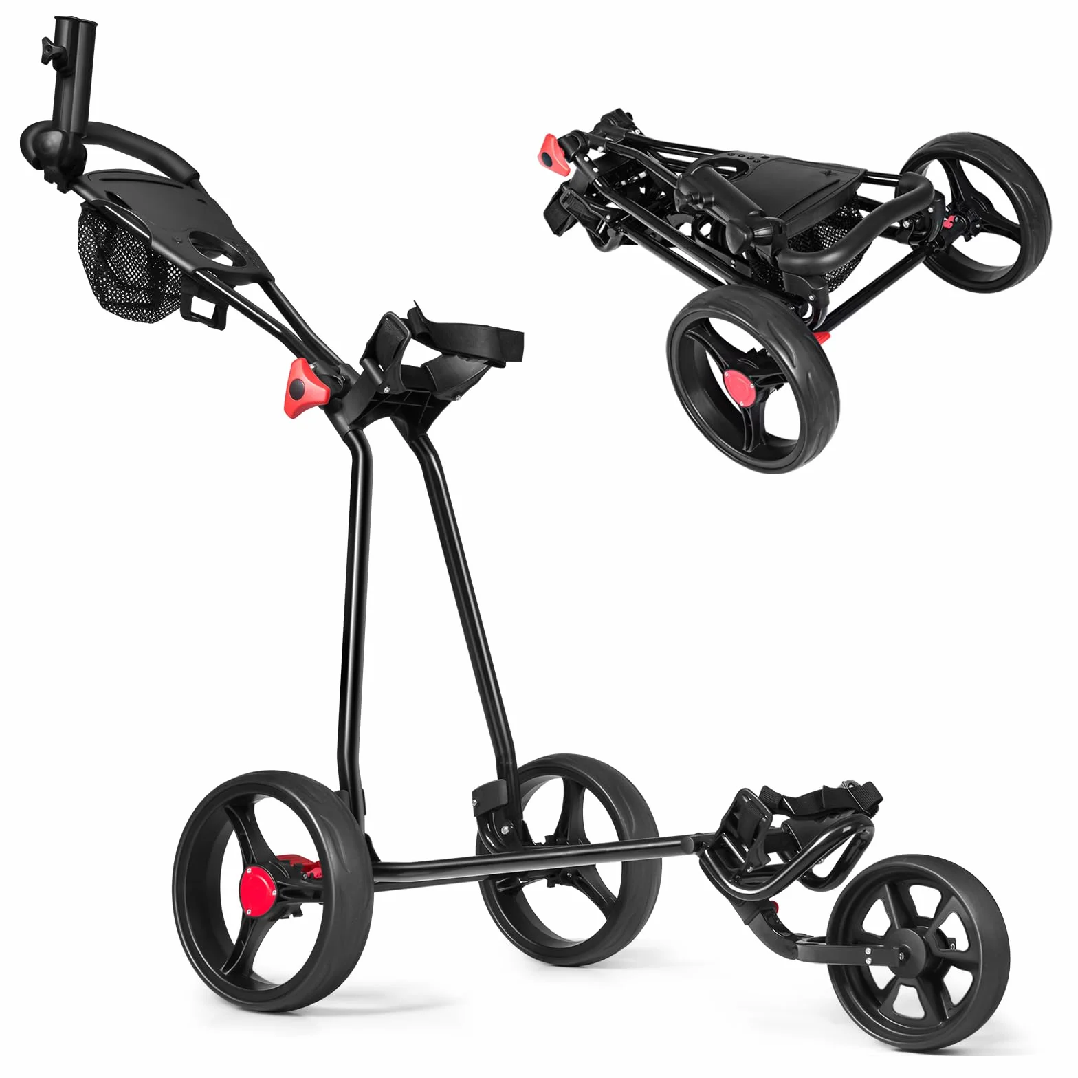 COSTWAY Carrello da Golf Pieghevole a 3 Ruote, Ferro, Maniglia Regolabile TPR, Freno a Pedale