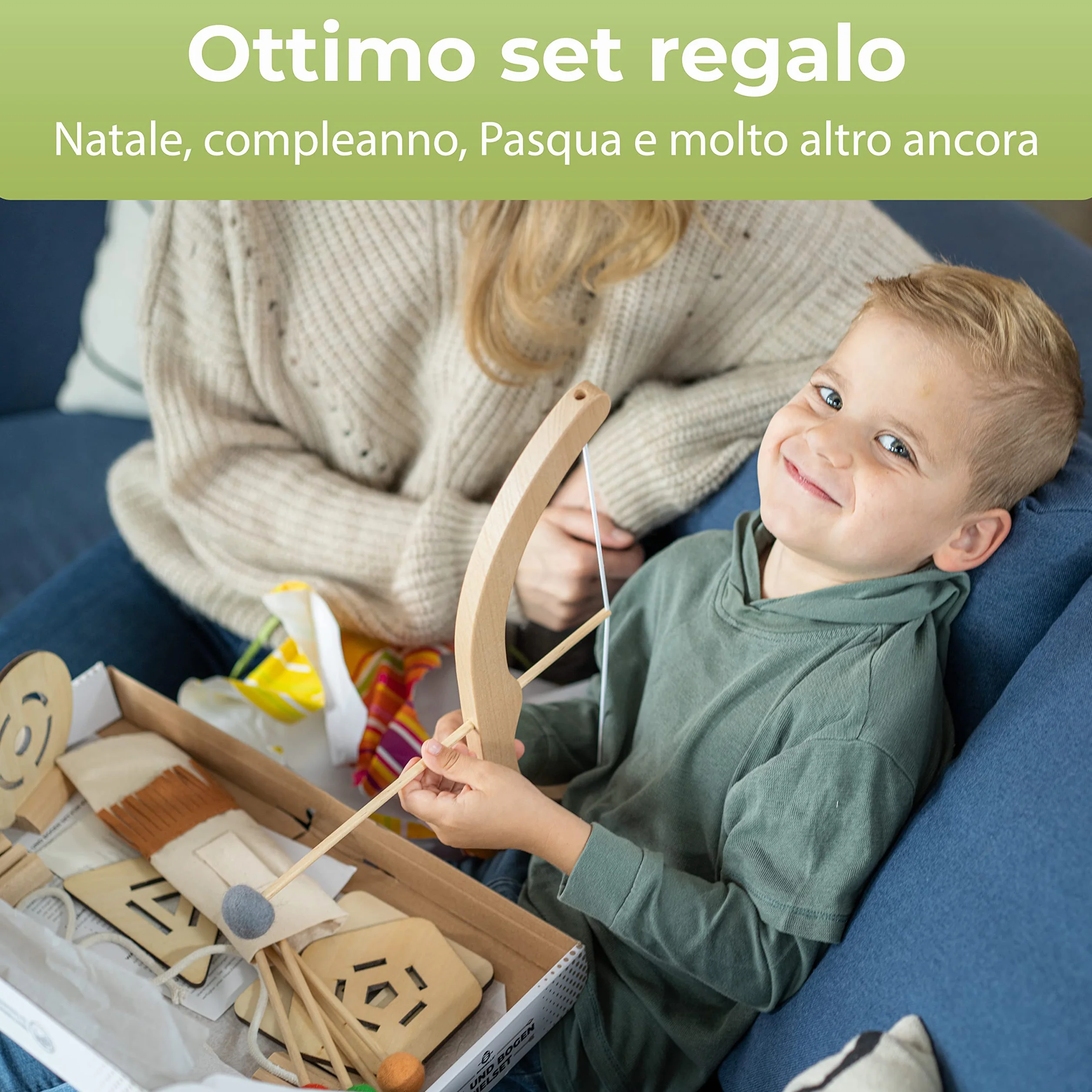 BOWRILLA® Arco e frecce per bambini in legno con 5 frecce, 4 bersagli e porta frecce