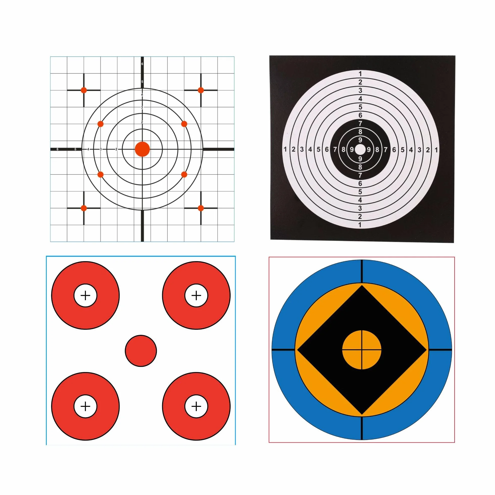 Bersagli assortiti 14x14 cm cartone 250 g tiro aria compressa airsoft 4 disegni 25 unità modello allenamento precisione