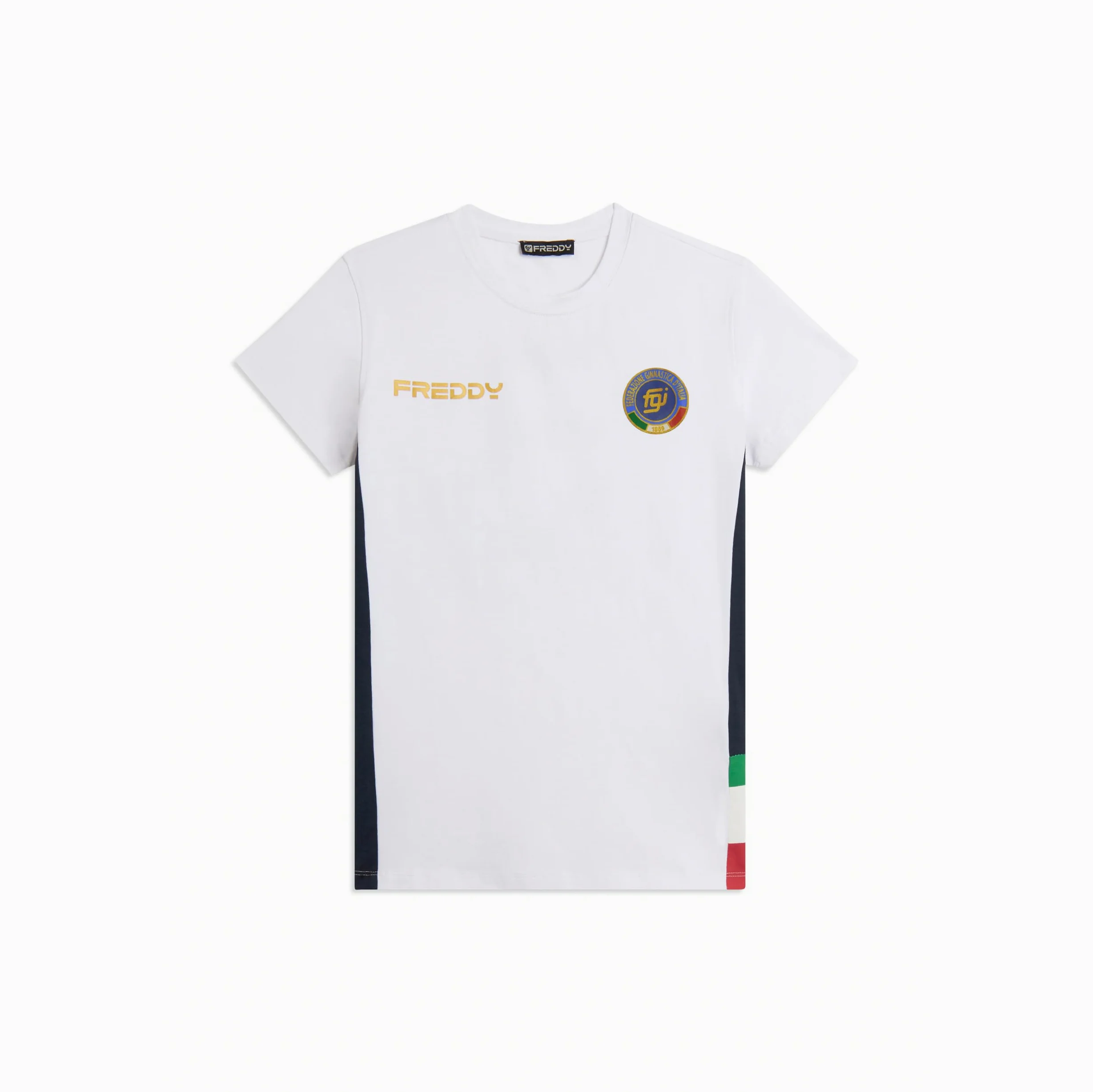 FREDDY - Maglietta Donna Nazionale Italiana di Ginnastica FGI in Jersey di Cotone Elasticizzato - T-Shirt con Girocollo Bianco con Maxi Stampa ITA sulla Schiena