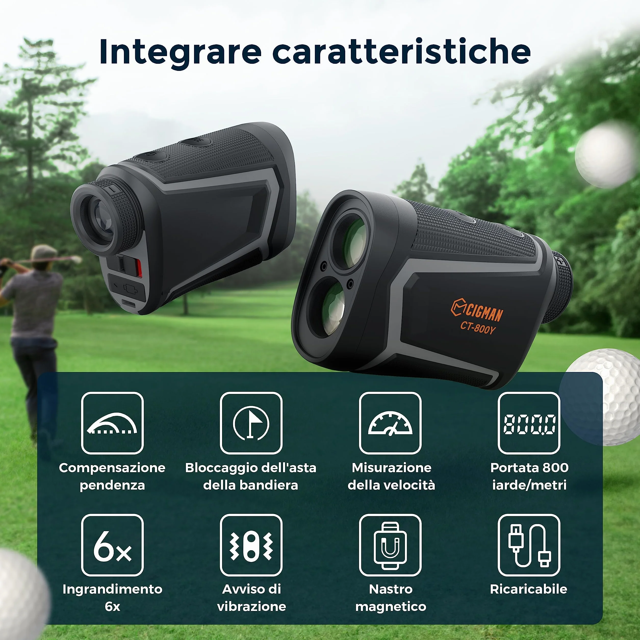 CIGMAN Telemetro Golf 800 Yards Laser Telemetro caccia con Pendenza,Ricaricabile via USB, Ingrandimento 7X, bloccaggio degli alberi bandiera, 7 modalità di misurazione della distanza, Caccia