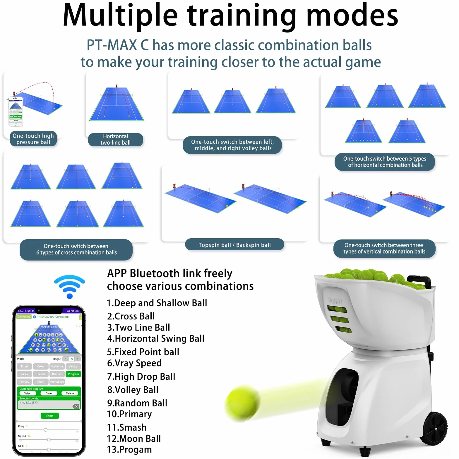 PUSUN PT-MAX C Macchina per palline da tennis professionale con controllo APP 28 punti 26 modalità allenamento velocità variabile