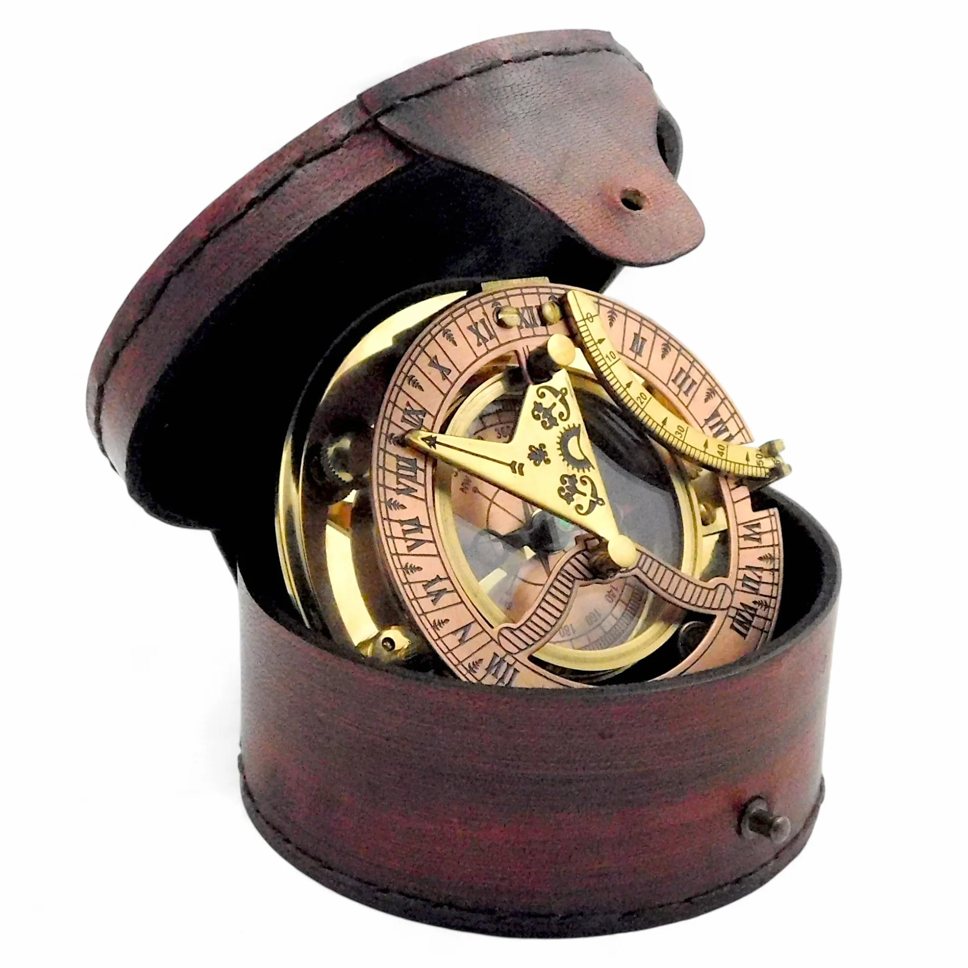 Antique Brass Sundial Compass with Leather Case