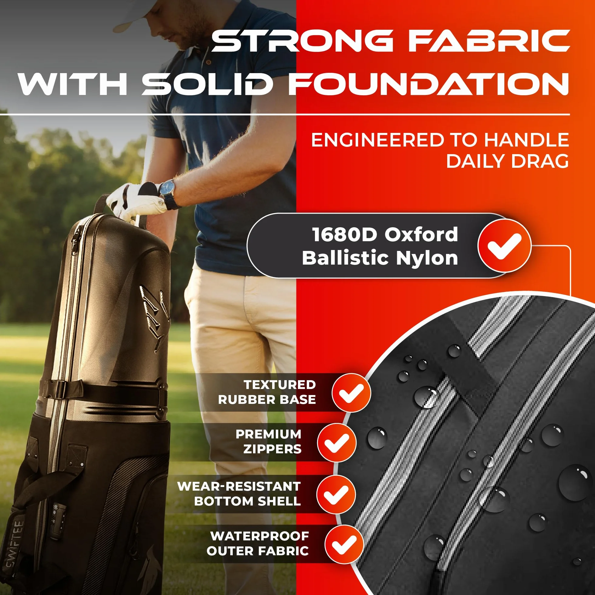 SWIFTEE Borsa da golf da viaggio di alta qualità con custodia rigida Swiftee Top & TSA Lock - Tessuto Oxford 1680D, ruote oversize, trasportino aereo leggero per la massima protezione del club
