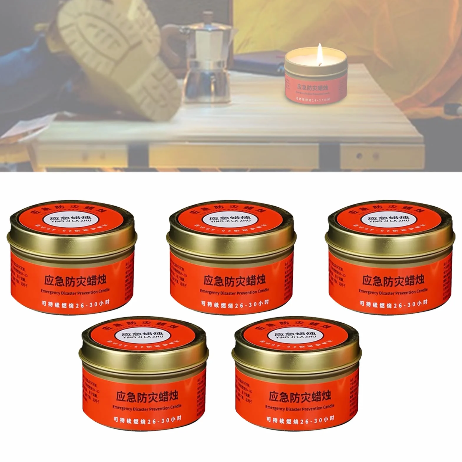 Candele Emergenza Lunga Durata 5PZ Survival Candles Long Burning 26-30 Ore Candela Cera Soia Antivento Barattolo Latta Sopravvivenza Campeggio