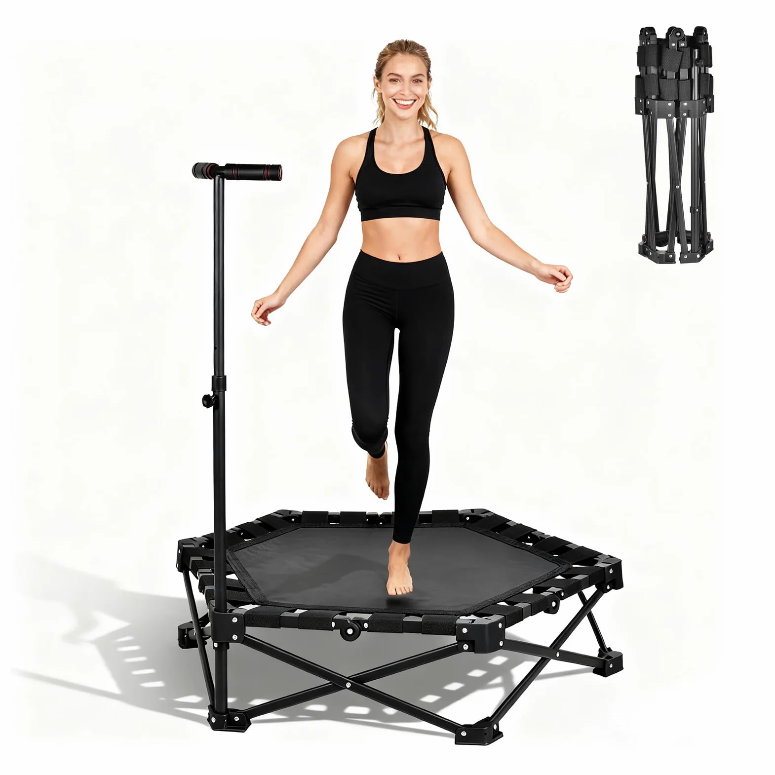 Mini Trampolino Fitness Pieghevole, Trampolino Rimbalzante Pieghevole Con Maniglia Regolabile, Silenzioso E Delicato Sulle Articolazioni, Elastici Extra Larghi, Capacità Di Peso Di 150 Kg