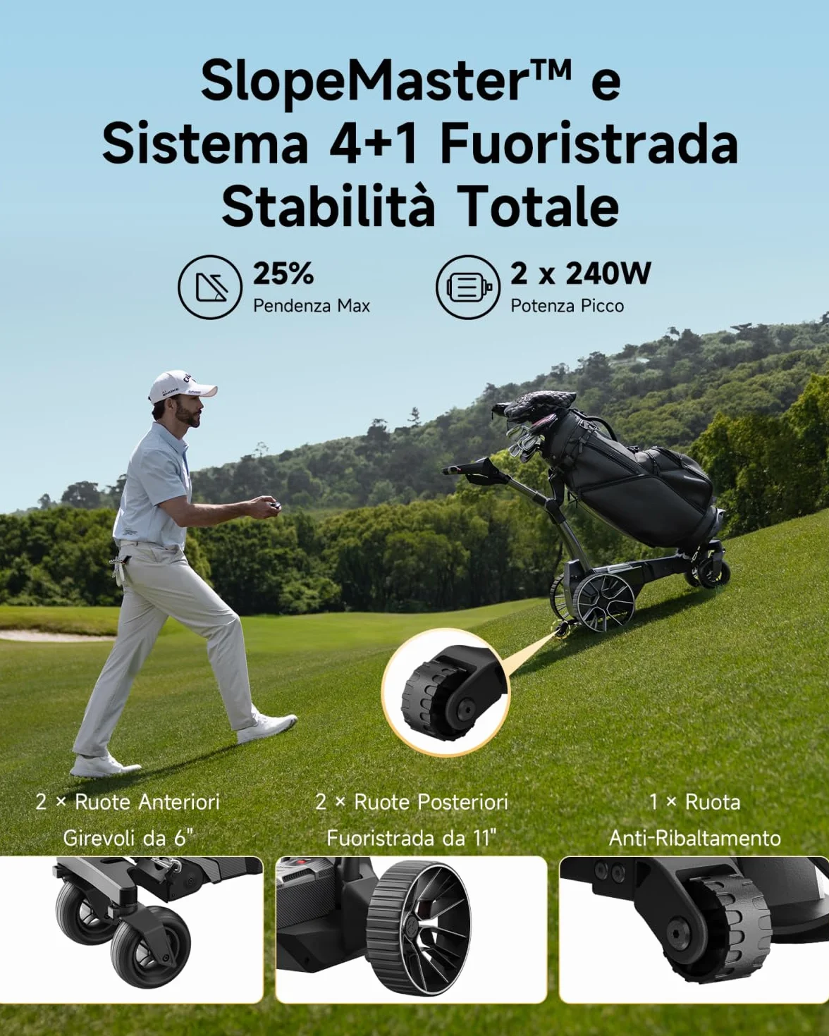 NAVEE Birdie 3 Carrello da Golf Elettrico Telecomandato Follow-Me UWB Autonomia 36 fori Doppio motore 240W*2 Pieghevole 4+1 Ruote All Terreno