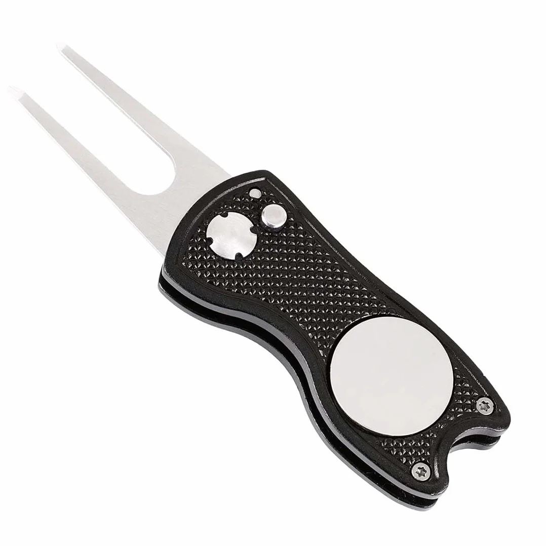 Strumento di Riparazione Divot da Golf Pieghevole con Marcatore Magnetico Nero