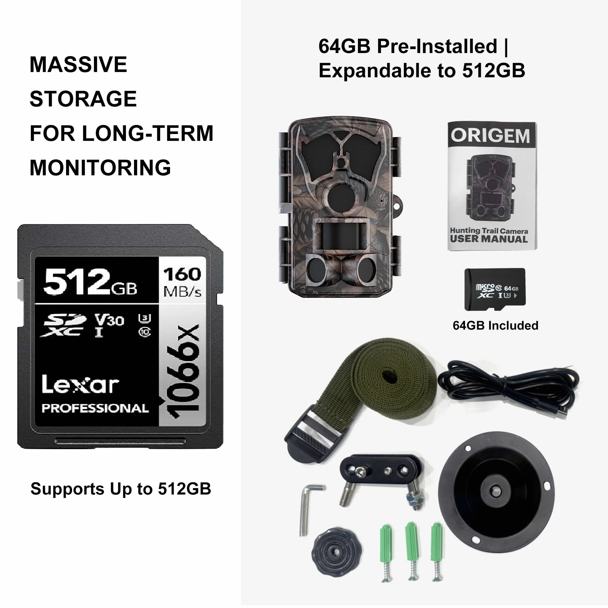 Origem Fototrappola Notturna WiFi 64MP 4K con 64GB SD e App, Fotocamera Caccia 0.1s IR Invisibile 940nm 120° Ultra Grandangolo, Visione Notturna 25m IP66