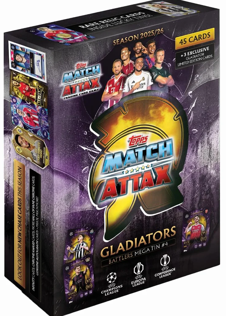 Topps UCC Match Attax 2025/26 Mega Tin Battlers 45 carte Match Attax 3 carte esclusive Gladiators LE