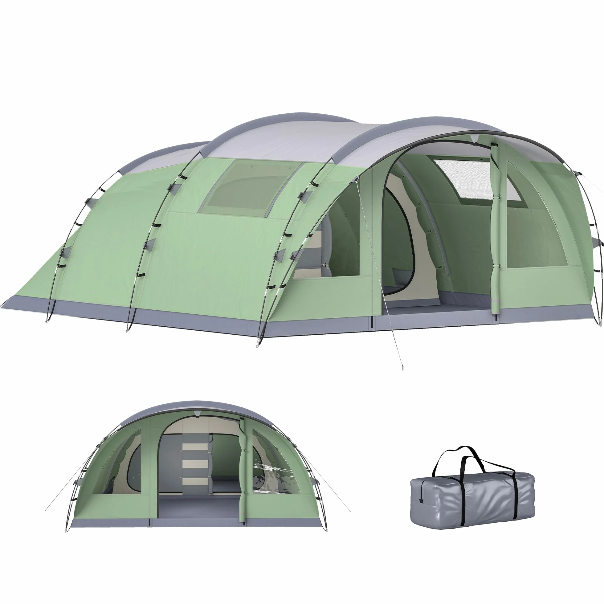 Outsunny Tenda Campeggio a Tunnel 5 Persone 196cm 2 Stanze Impermeabile 3000mm Verde Chiaro