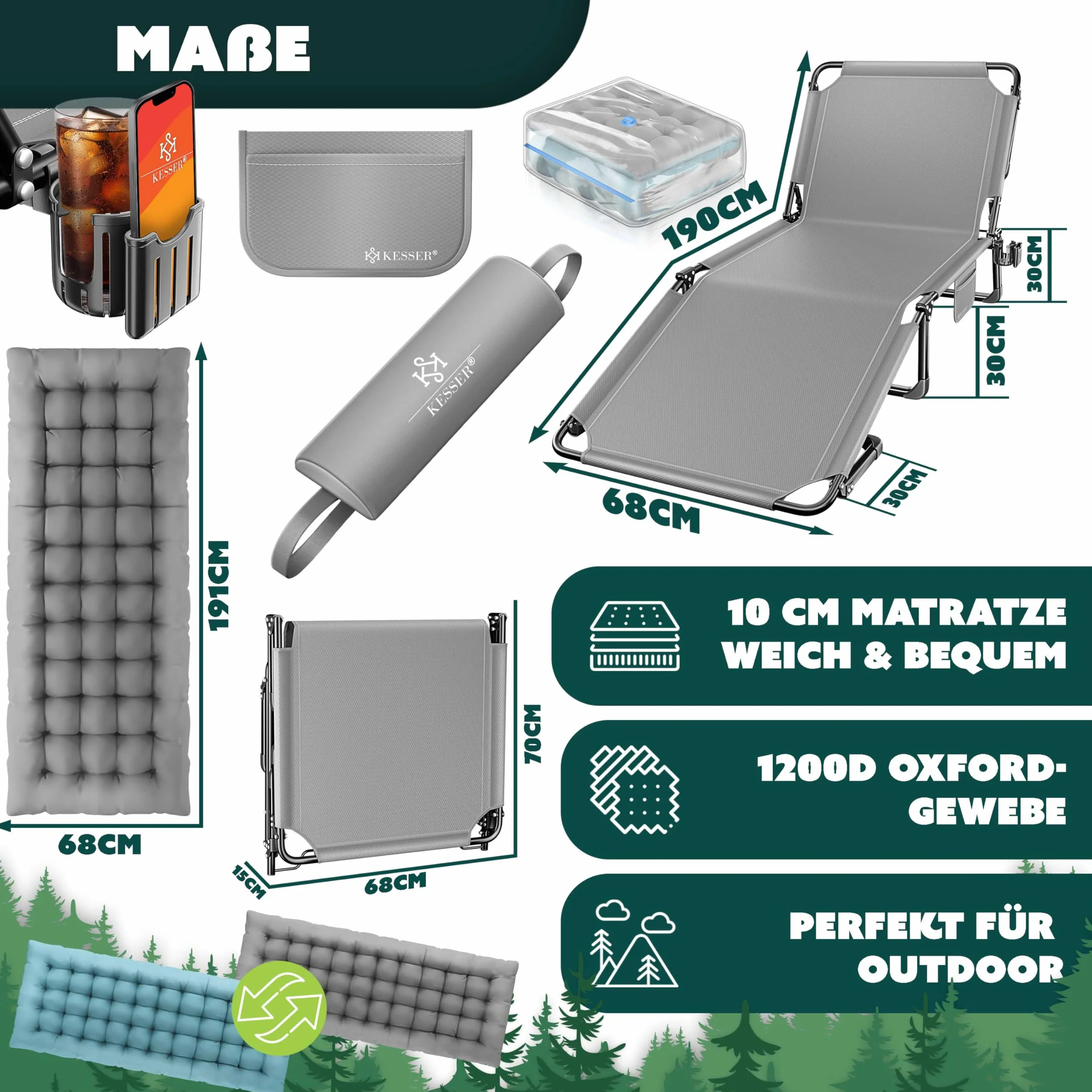 KESSER Lettino da campeggio pieghevole 190x68x30 cm portata 250 kg tessuto Oxford telaio acciaio con borsa trasporto cuscino collo