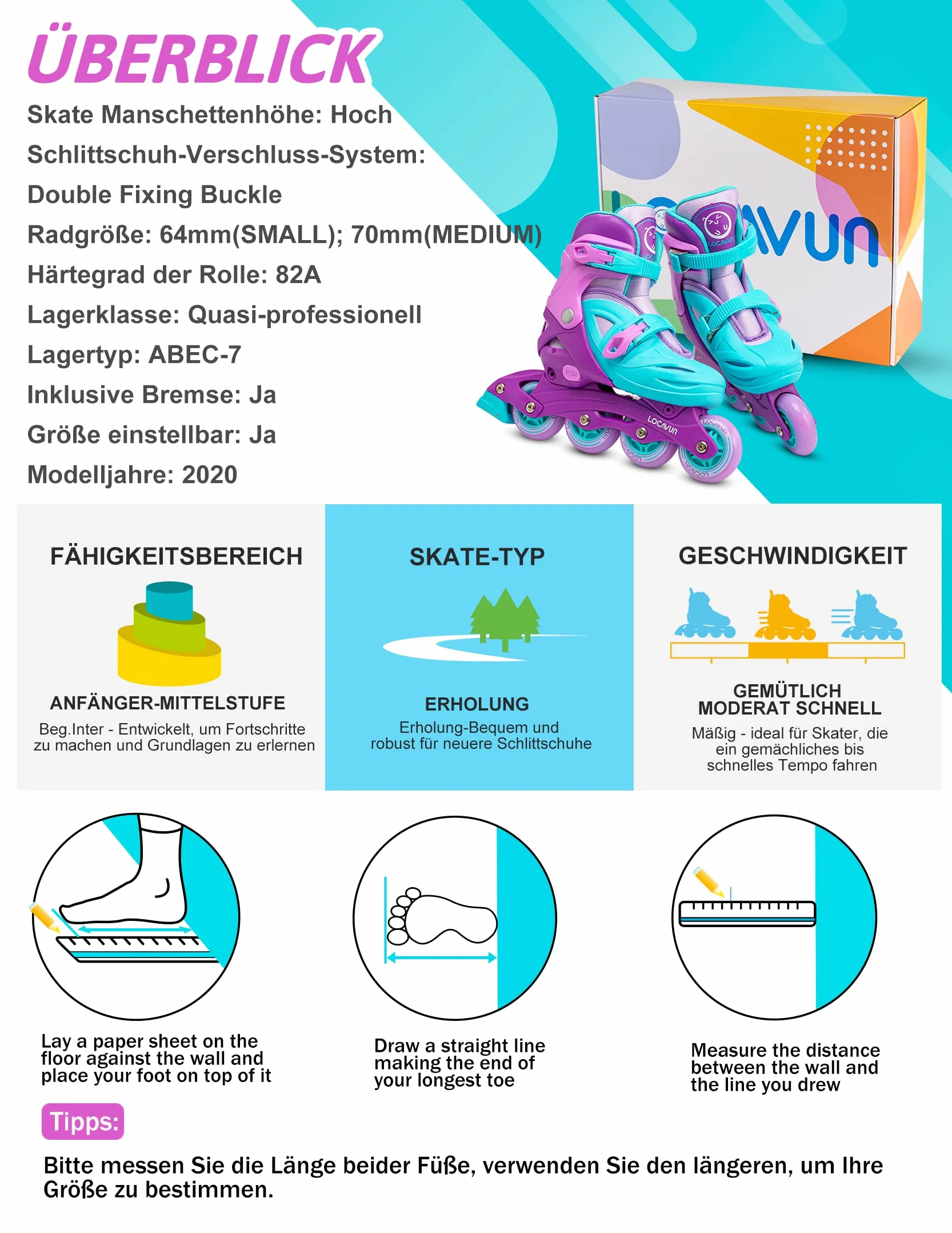 Pattini in linea 4 misure regolabili ruote PU 82A per bambini