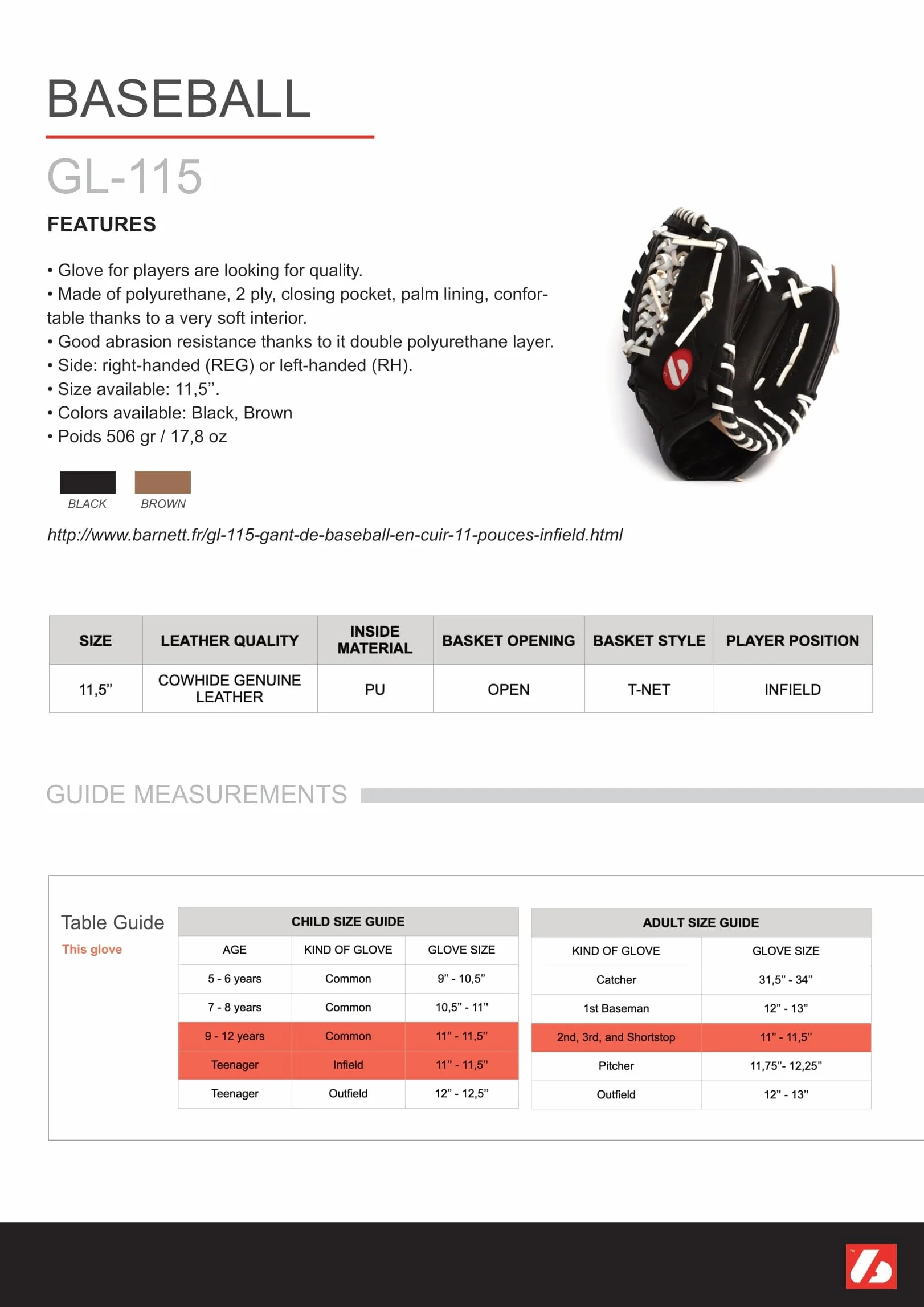 Barnett GL-115 Competition Baseball Glove, Infield,11.5', Brown