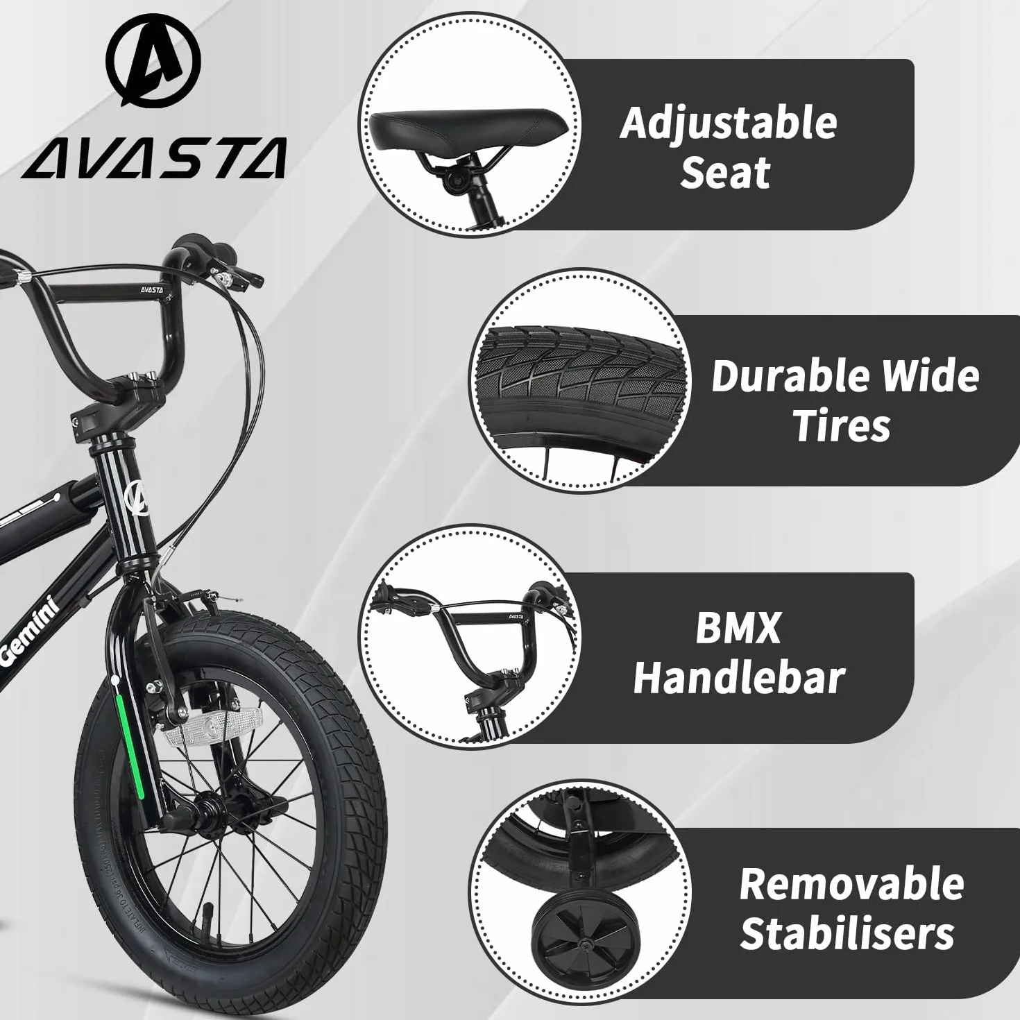 AVASTA BMX bicicletta bambini 12 14 16 pollici stabilizzatori
