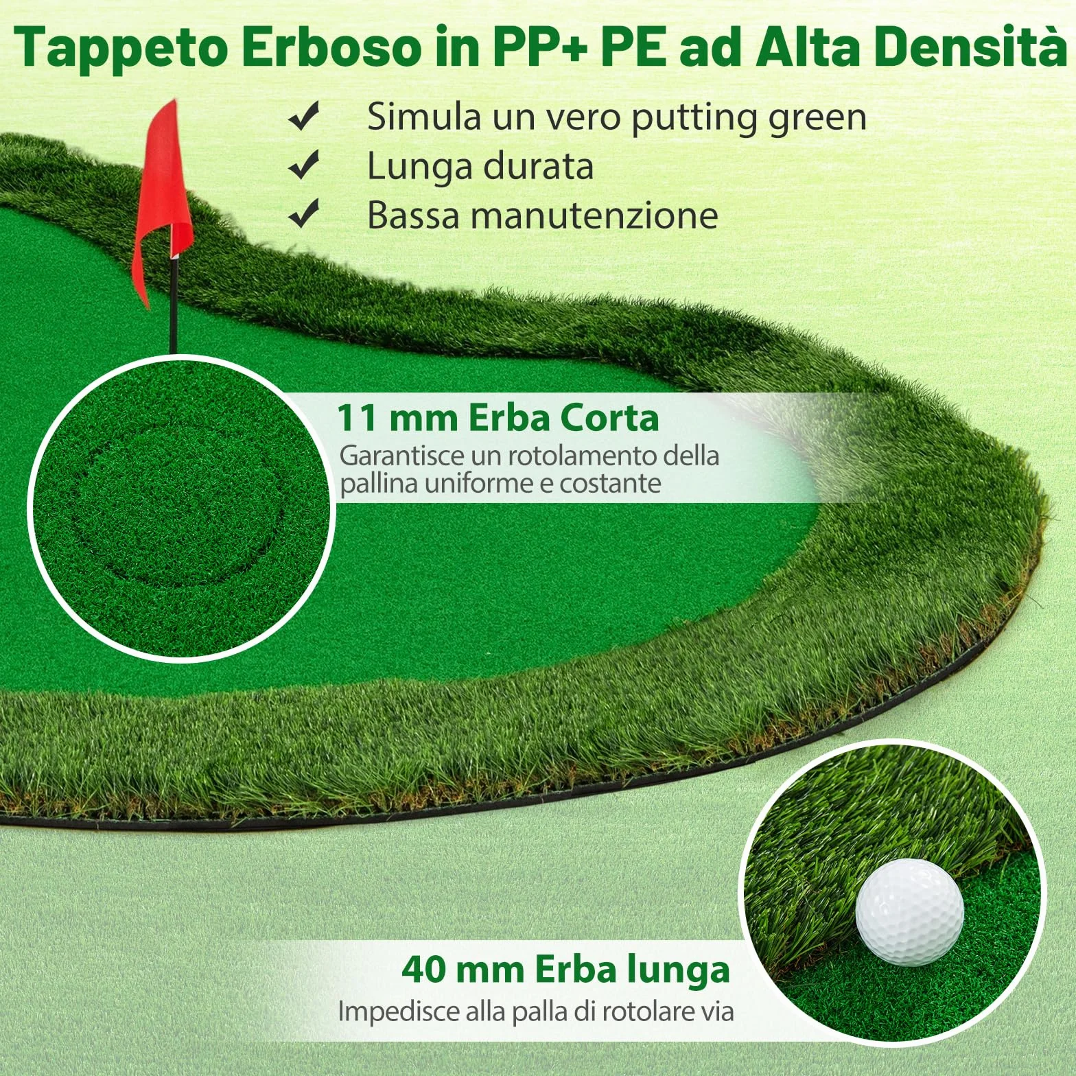 COSTWAY Putting Green Tappetino da Golf 300x150 cm 3 Buchi con Palline