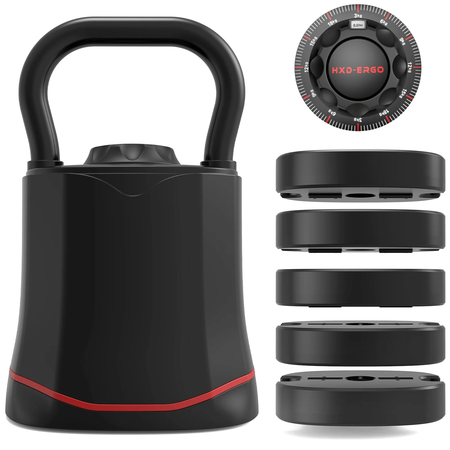 HXD-ERGO Kettlebell regolabile 6 in 1 (3 – 18 kg), peso a cambio rapido, impugnatura larga, bilanciere compatto per la casa e la palestra