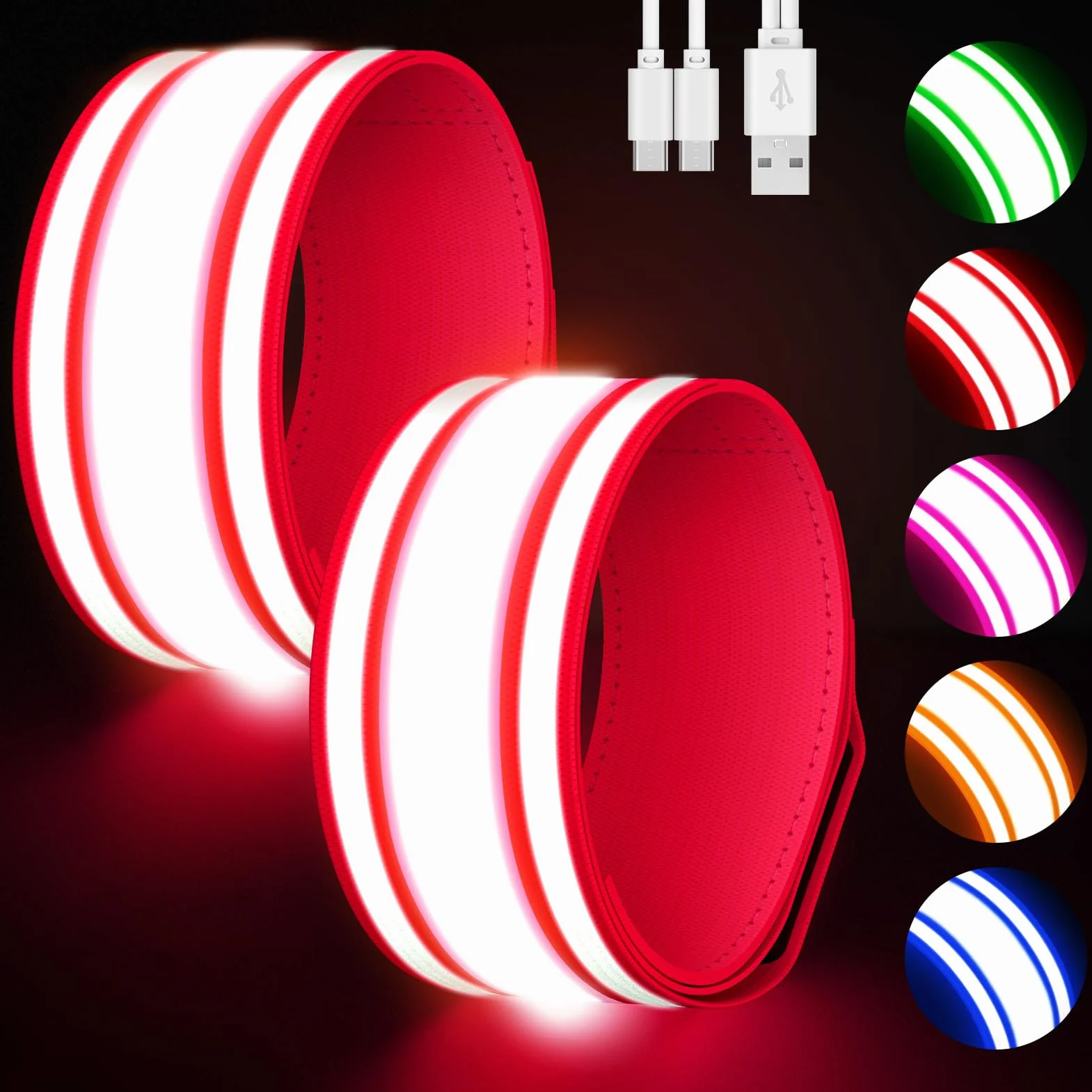 LED Bracciale Riflettente 2 Pezzi, Fascia Braccio Running, 5 Colori 3 Modalità Illuminazione Ricaricabile