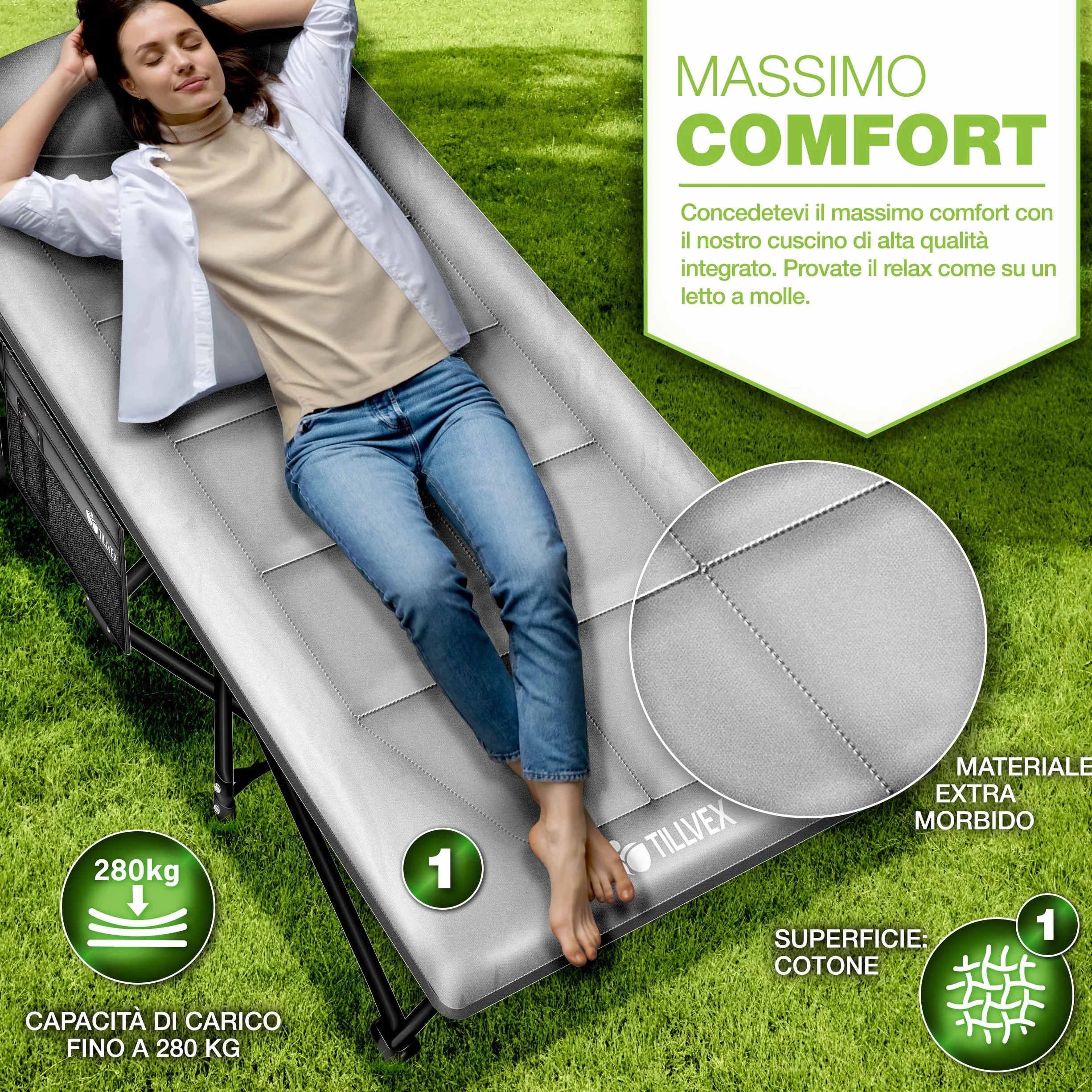 Tillvex Letto da campeggio pieghevole borsa trasporto 200 kg Lettino extra largo